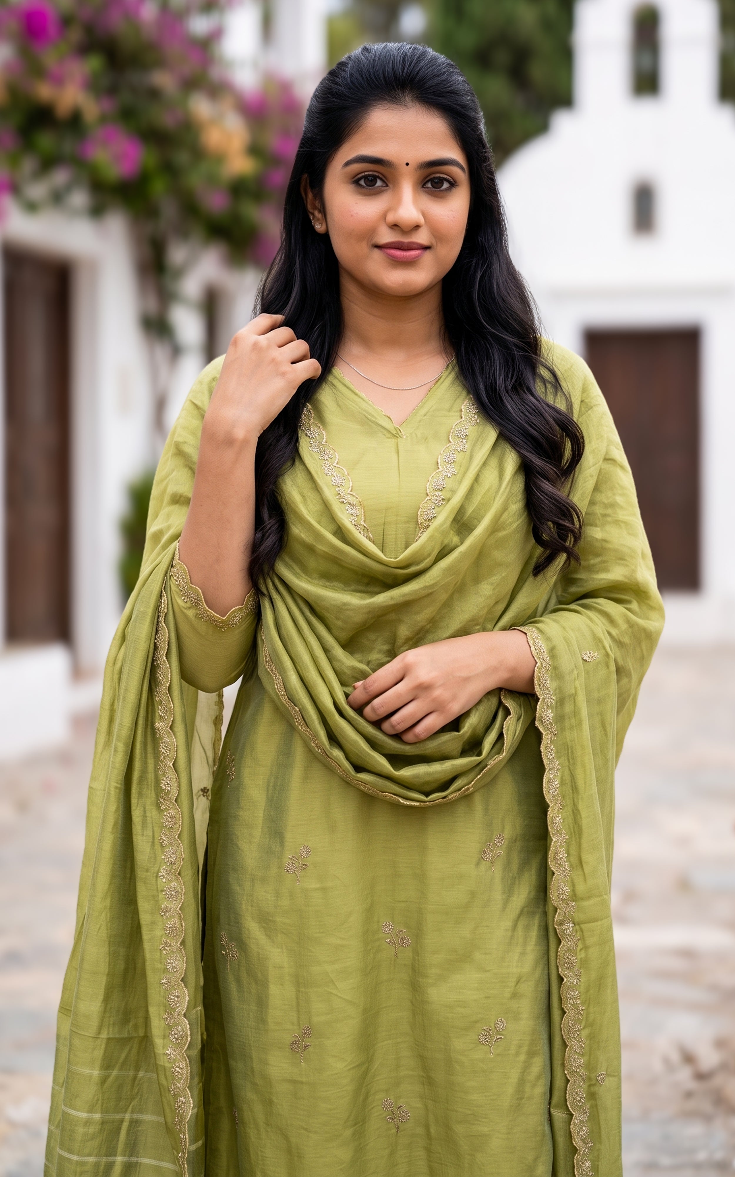 Green Chanderi Ethnic Wear Kurti Set for Women