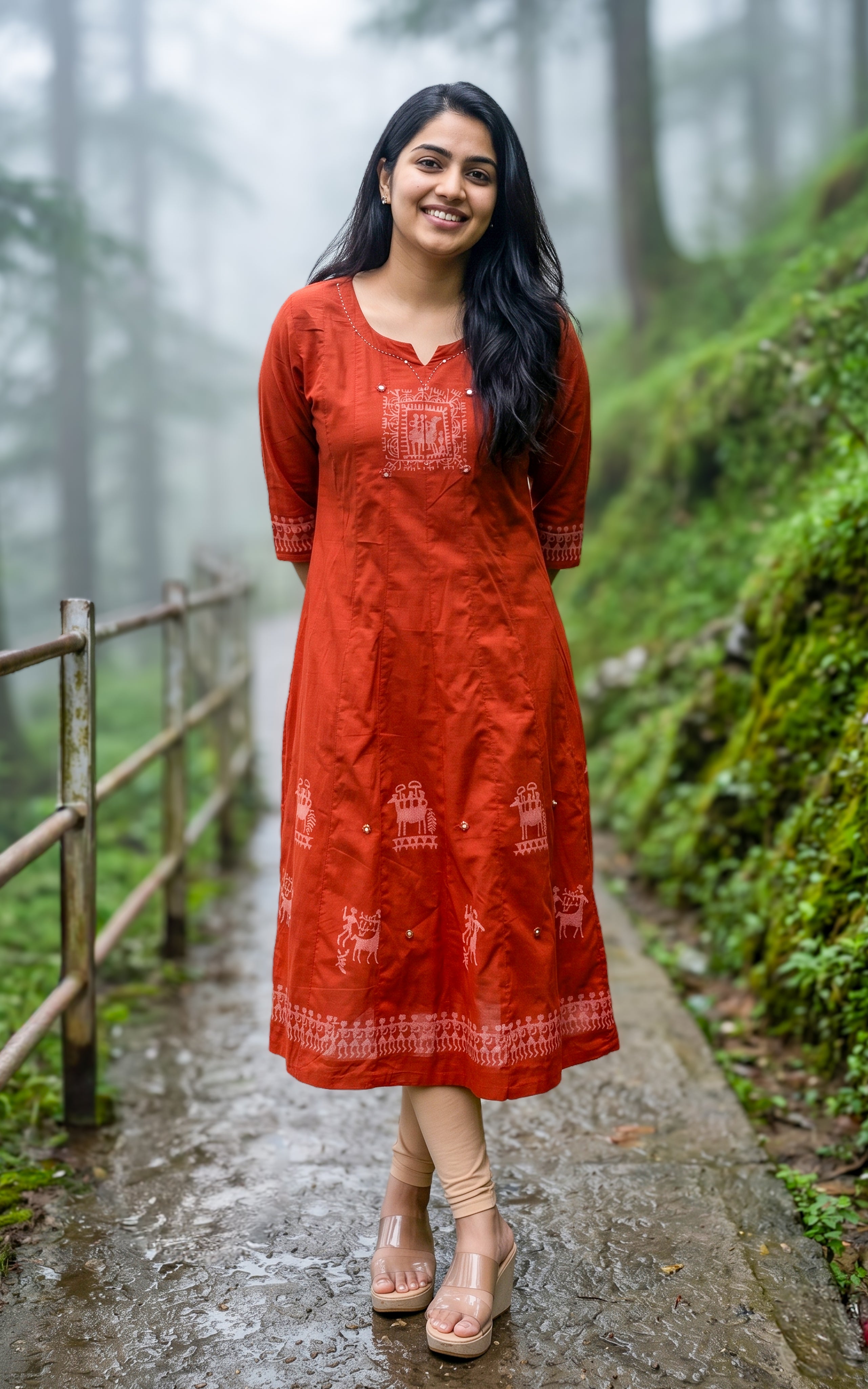 Instore – Rust Handblock Printed Cotton Anarkali Kurti for Women – Ethnic Wear