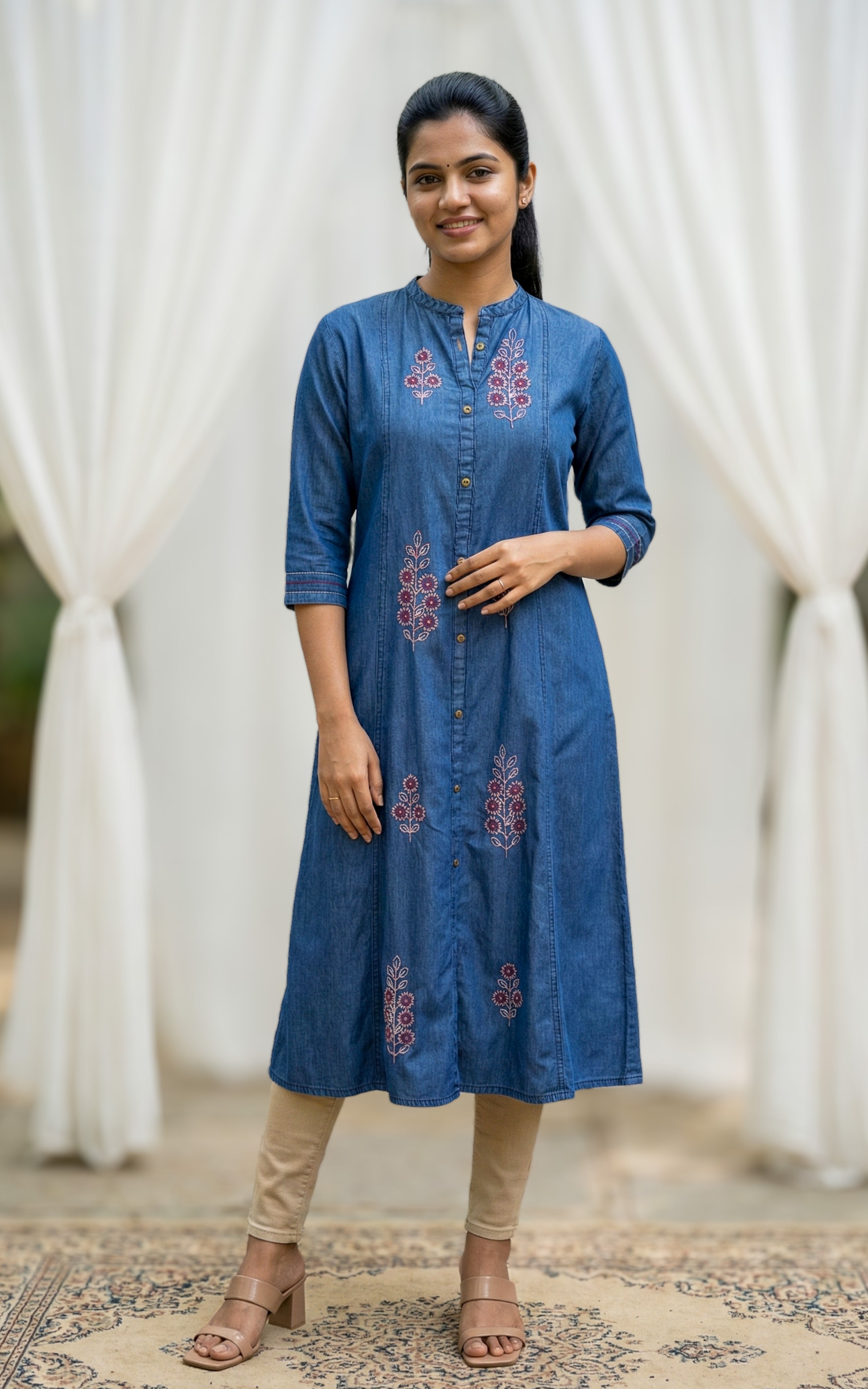 denim aline kurti with embroidery
front slit denim kurti
denim kurti with one side pocket
casual denim kurti for women
daily wear denim kurti