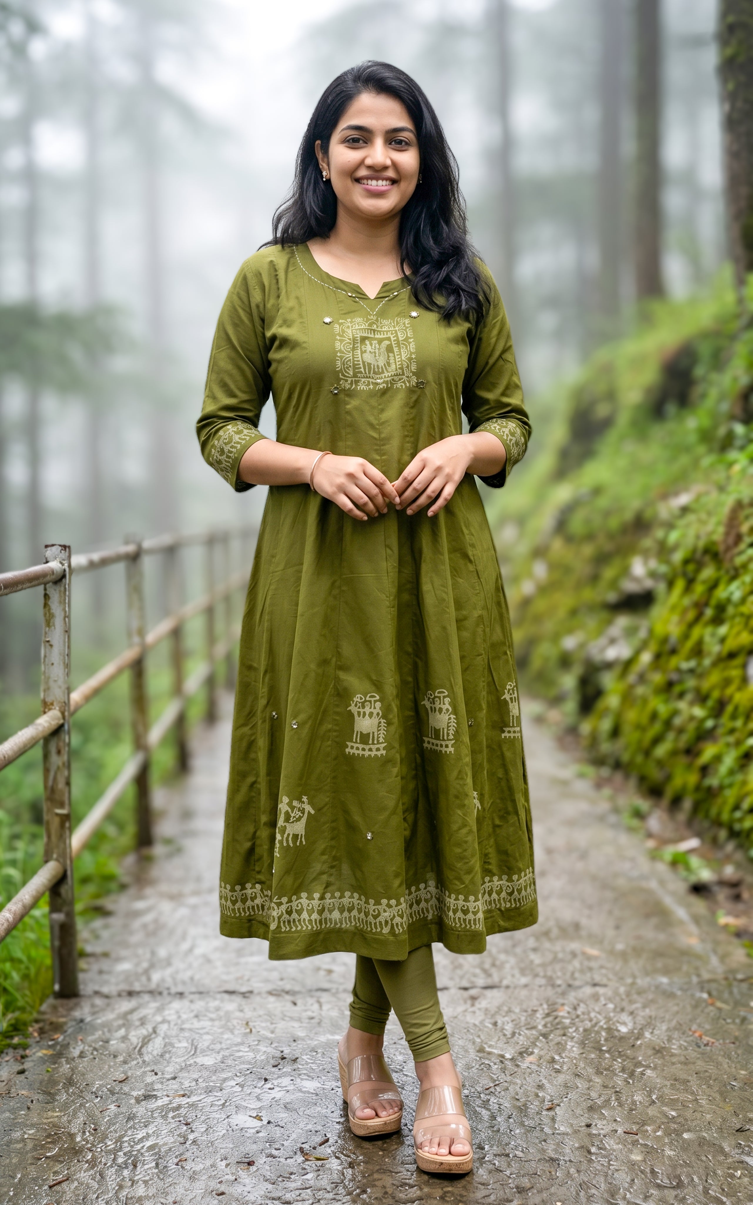 Instore – Mehandi Green Handblock Printed Cotton Anarkali Kurti for Women – Ethnic Wear