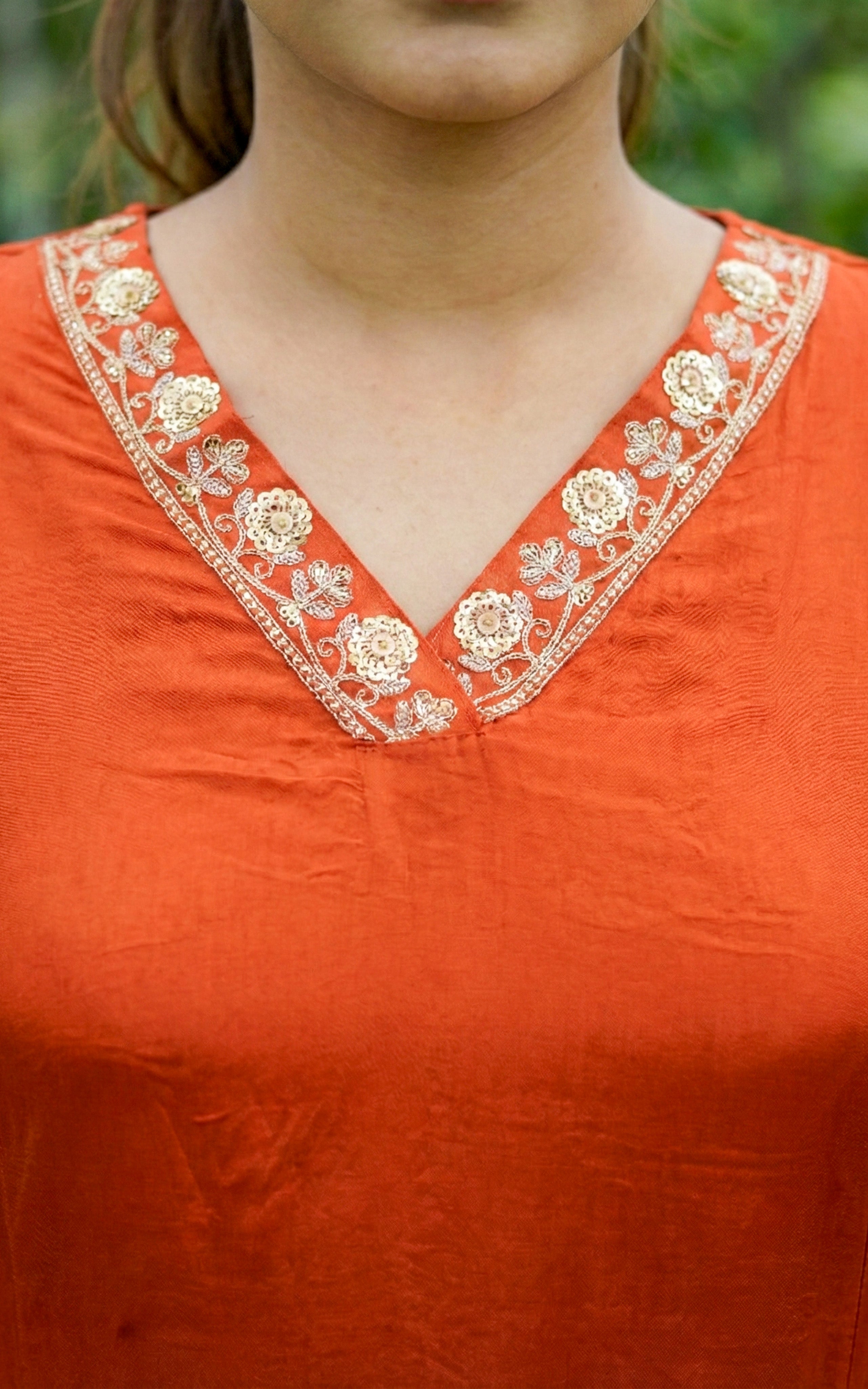 Instore - Orange Art Silk V Neck Sequence Embroidery Aline Kurti with Side Slit & One Side Pocket with Art Silk Dupatta