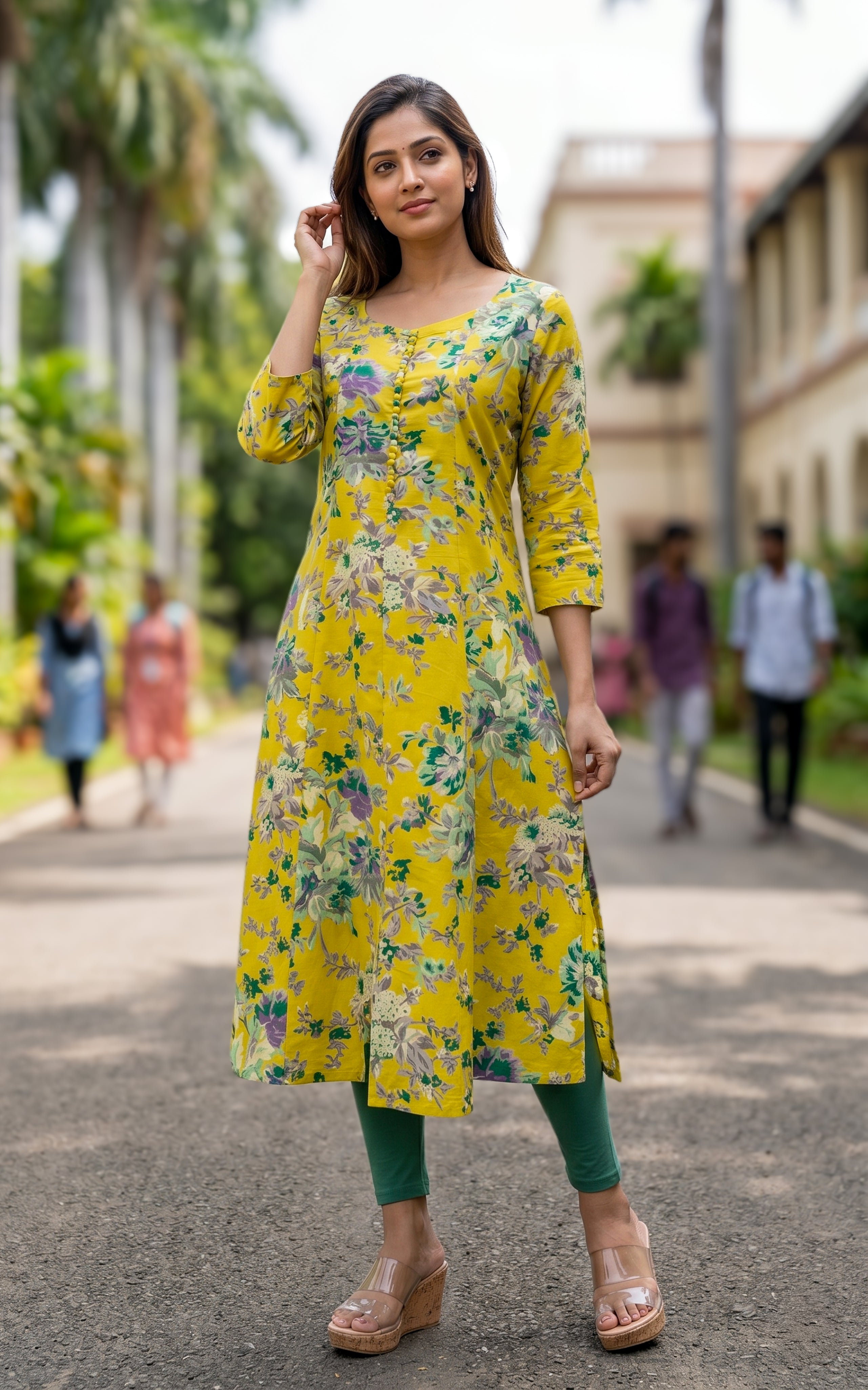 Elegant lemon yellow Aline kurti for women