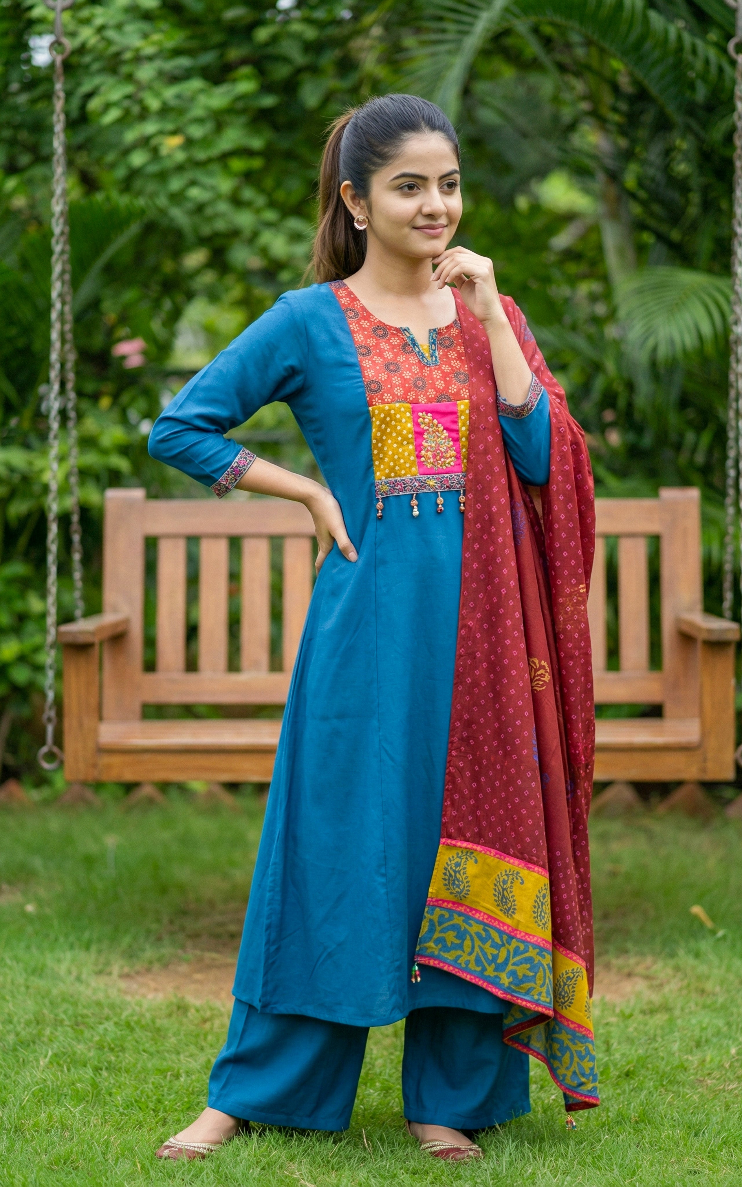 Instore - Peacock blue color art silk embroidery Aline Kurti with elastic waist pant & handblock printed silk cotton dupatta