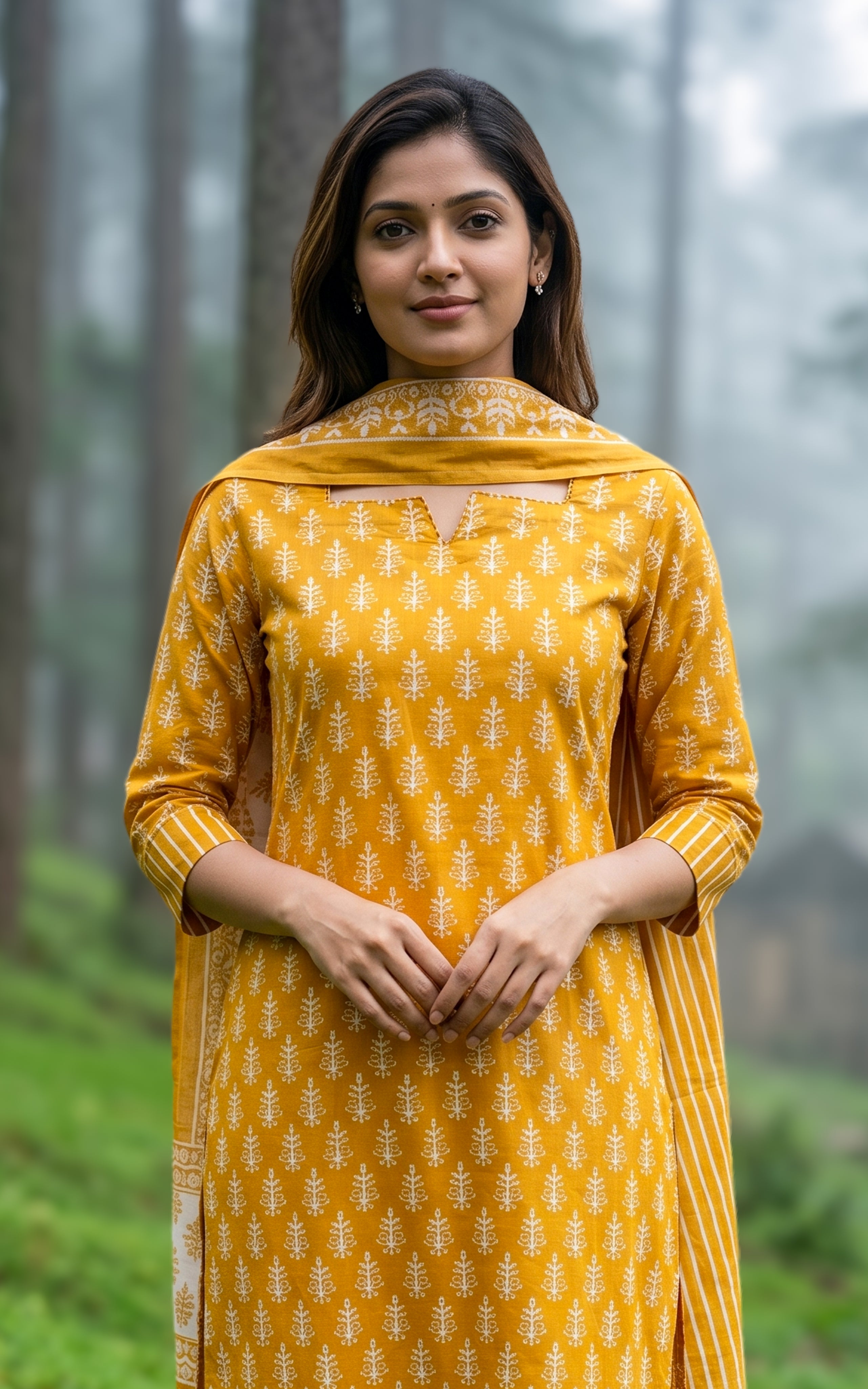 Mustard cotton kurti set for women