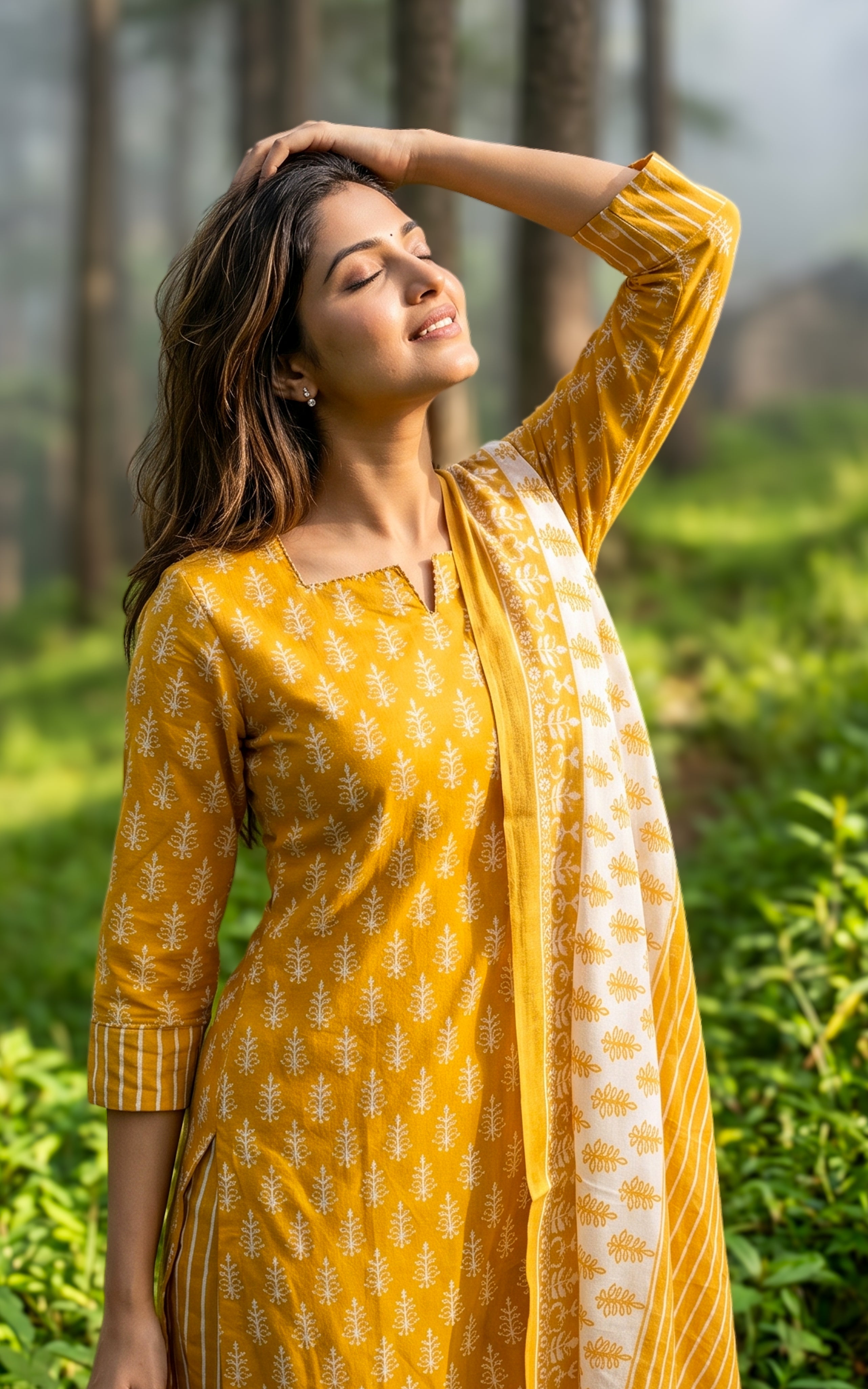 Mustard cotton kurti with straight pant for women