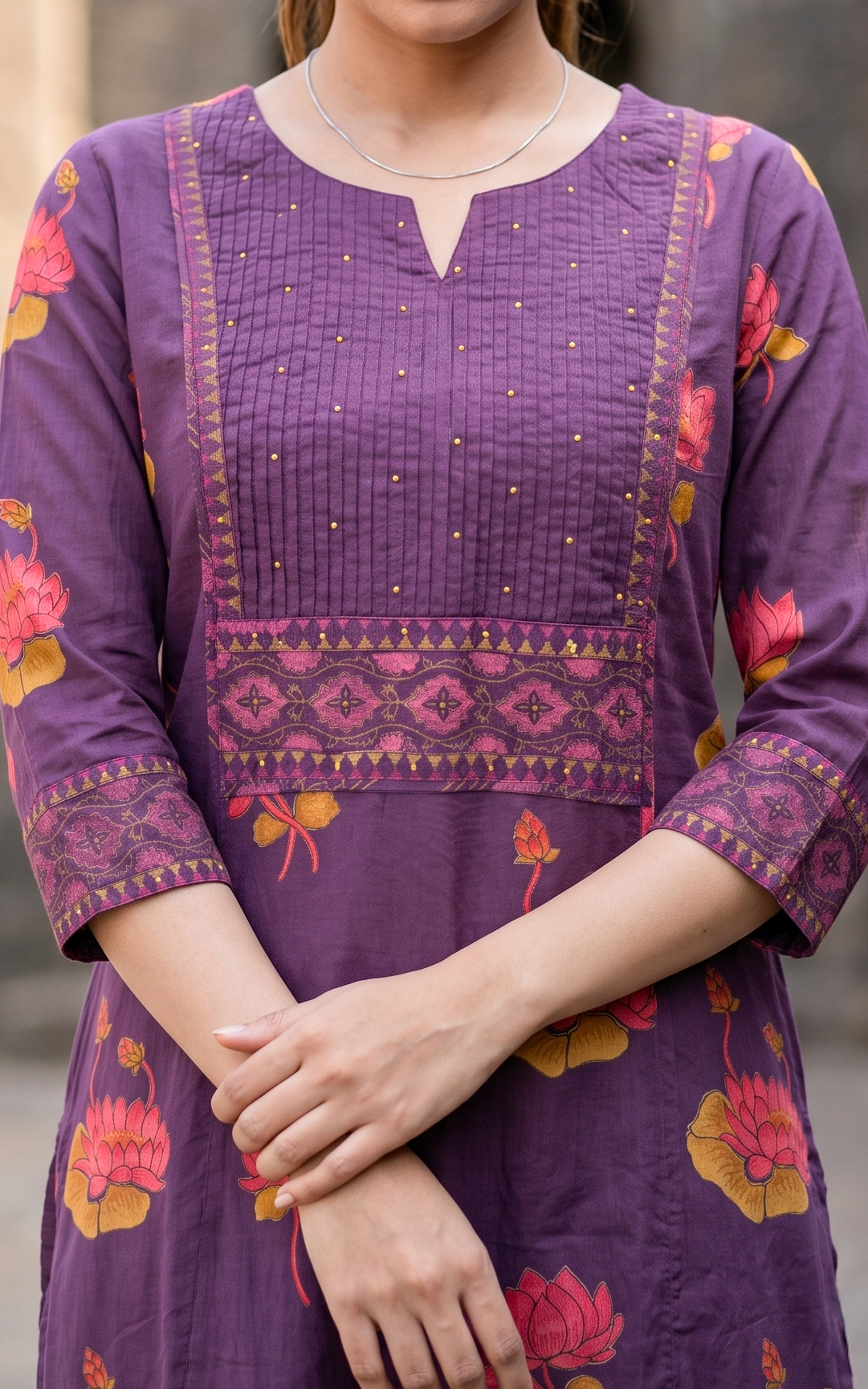 Purple Printed Cotton Ethnic Wear Kurti Set for Women