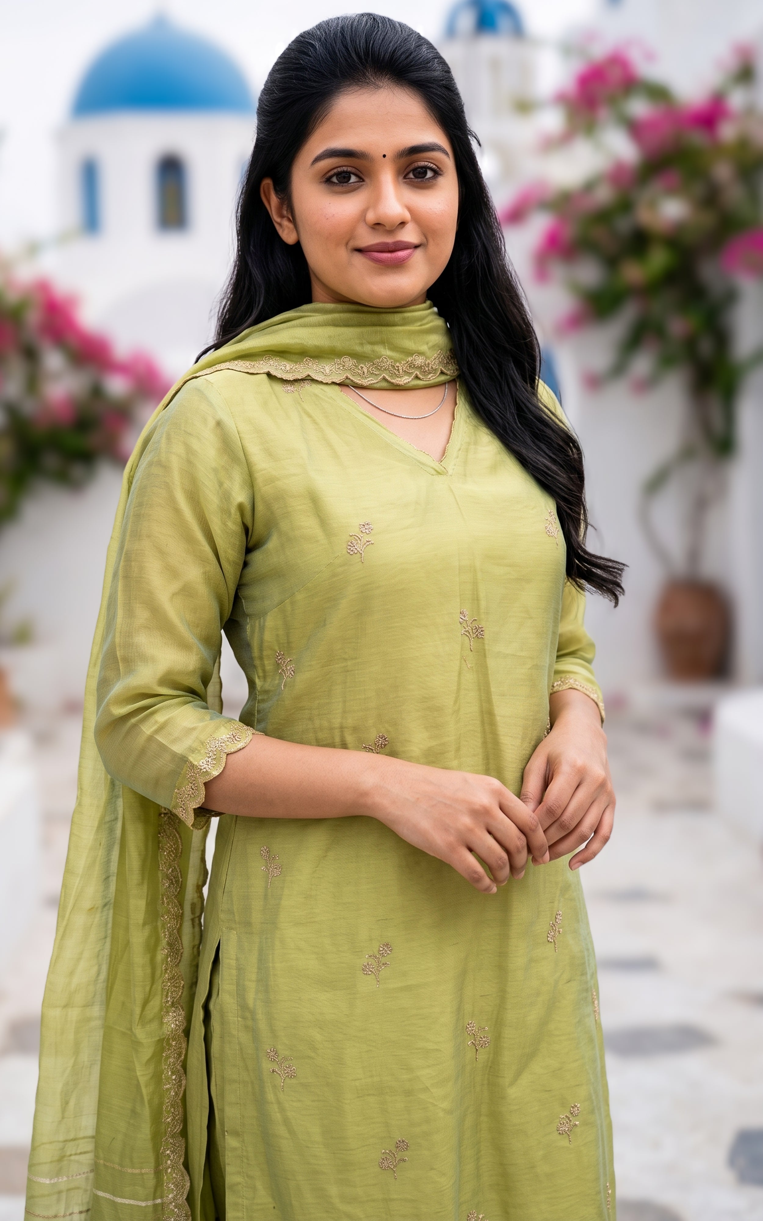 Green Chanderi Kurti Set with Cotton Straight Fit Pant for Women