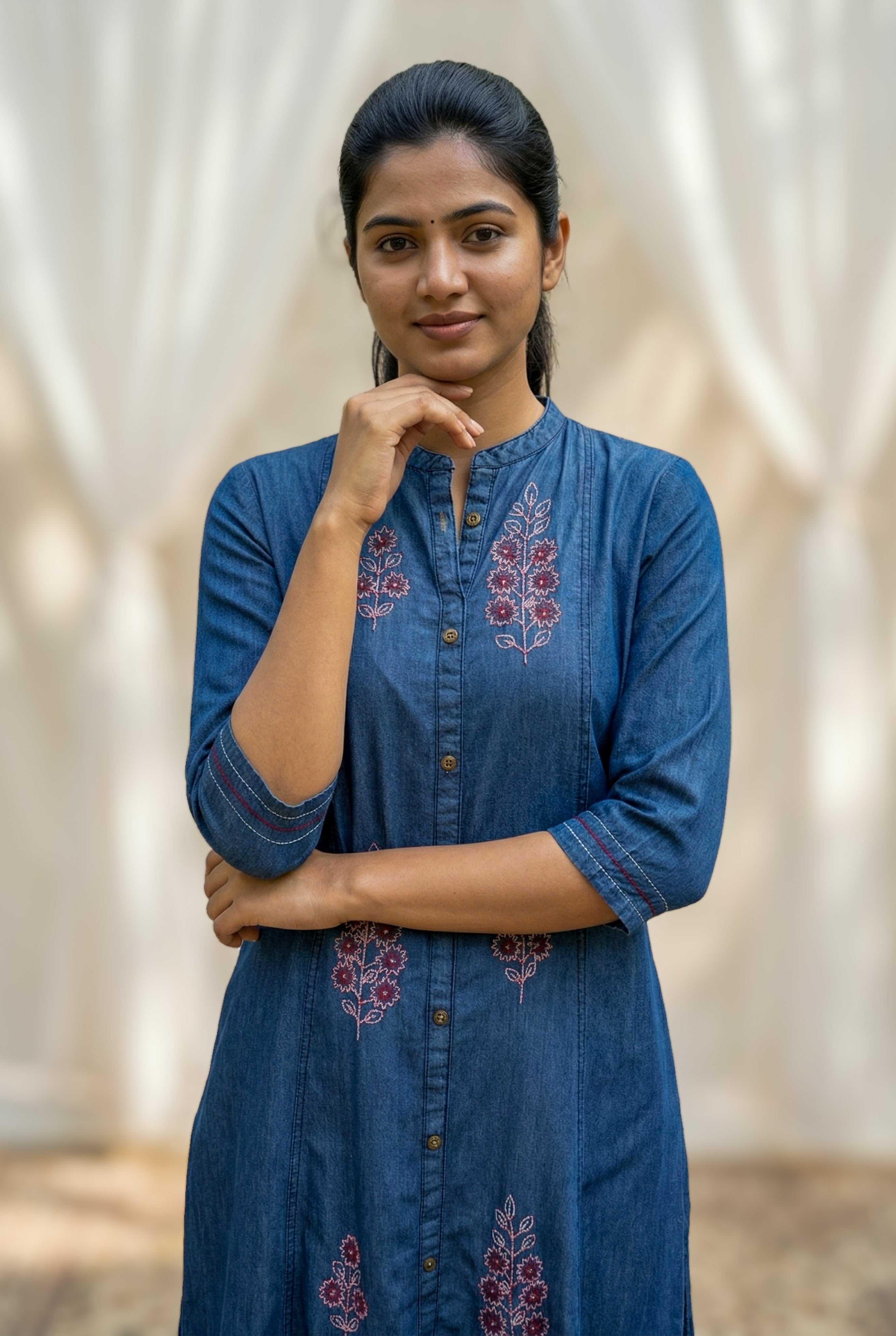 denim kurti daily wear
comfortable aline denim kurti
casual front slit kurti with embroidery
soft denim kurti with pocket for everyday wear