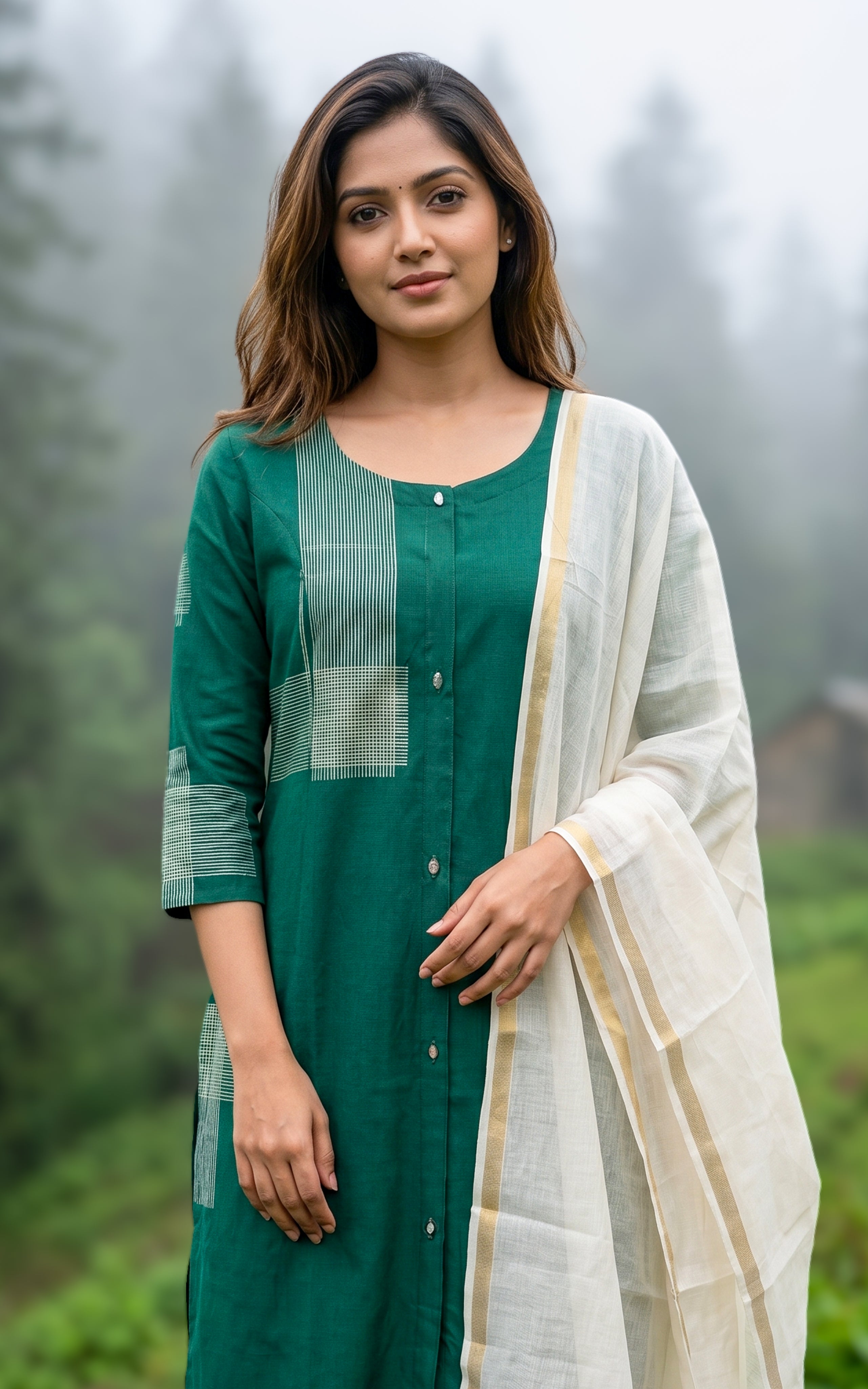 Green handblock printed Aline kurti for women