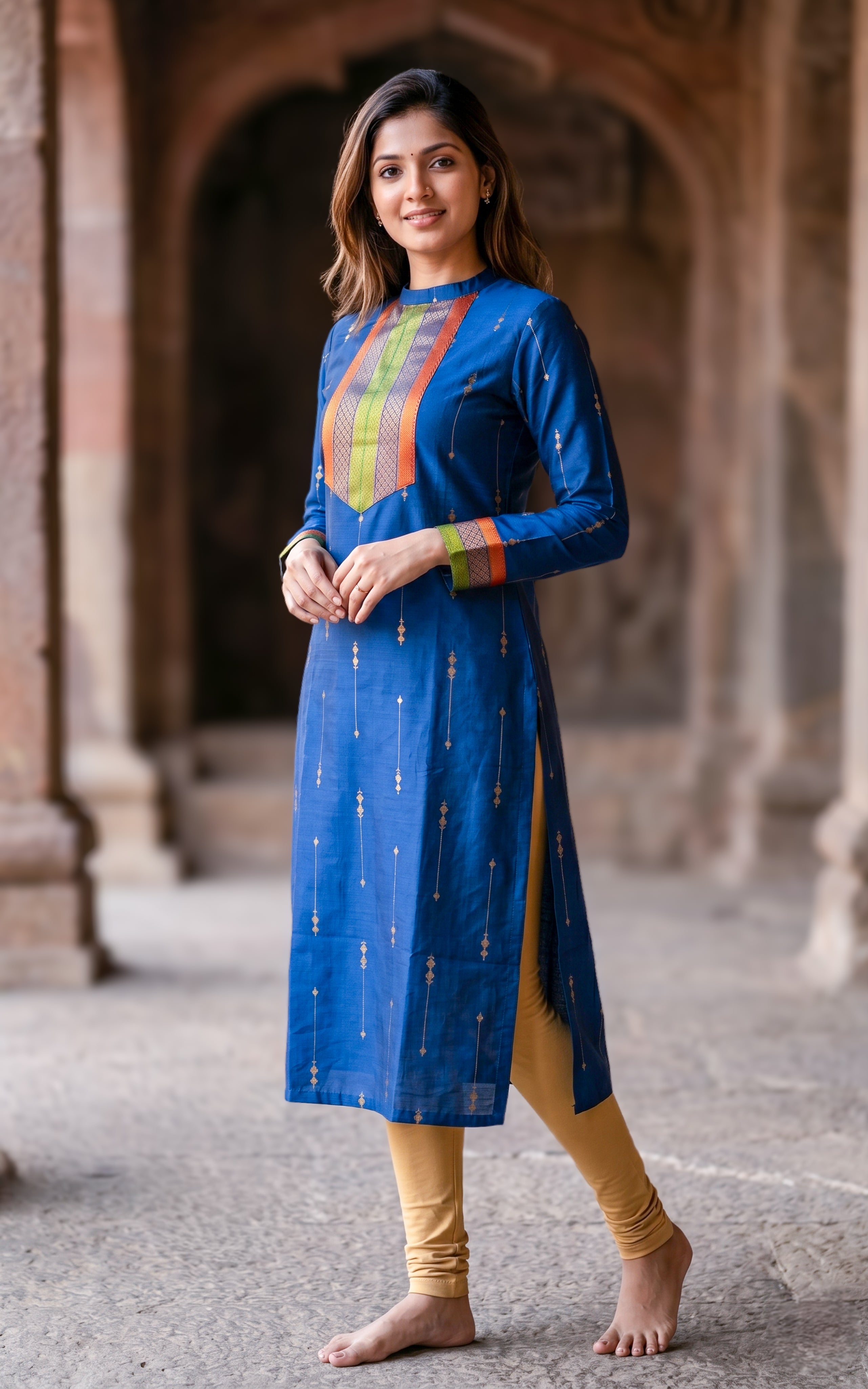 Silk cotton kurti with turtle neck for women