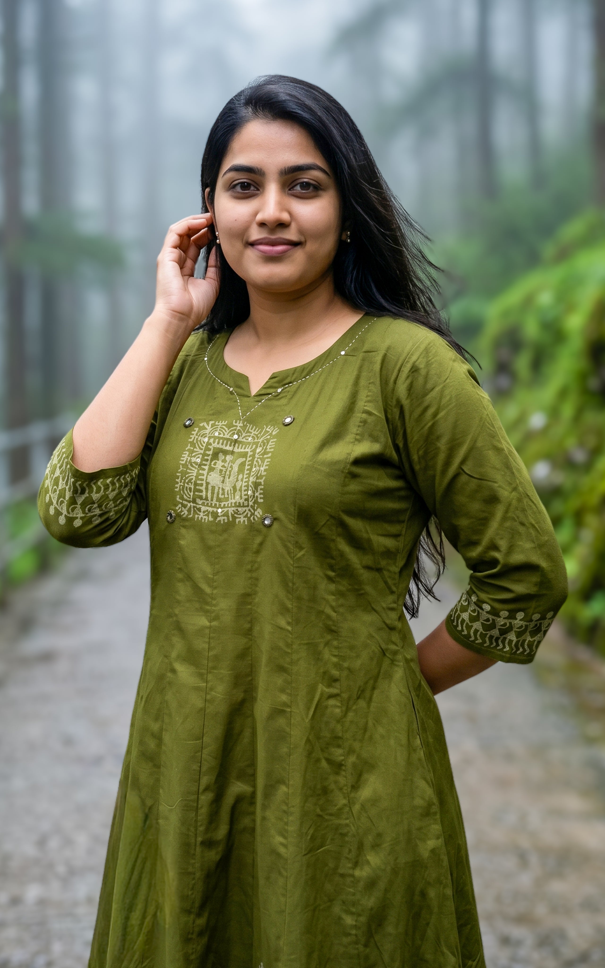 Instore – Mehandi Green Handblock Printed Cotton Anarkali Kurti for Women – Ethnic Wear