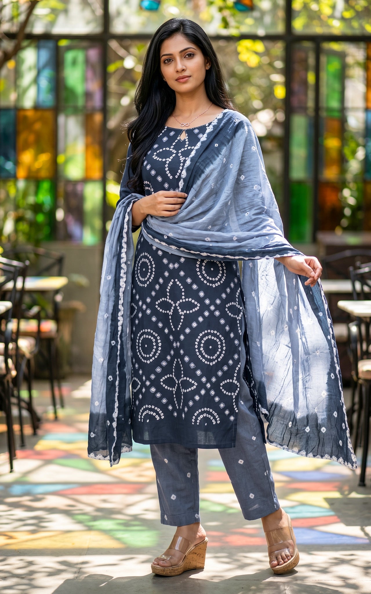 Navy Blue and Grey Cotton Daily Wear Kurti Set for Women