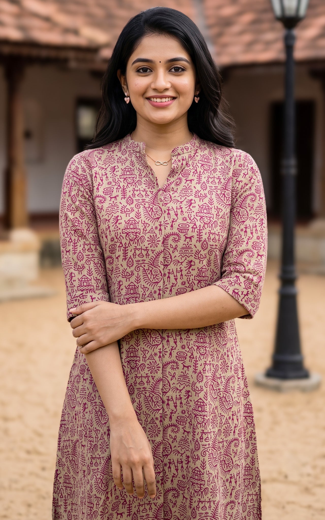 Burgundy and Beige Cotton Flex Casual Wear Kurti Set for Women
