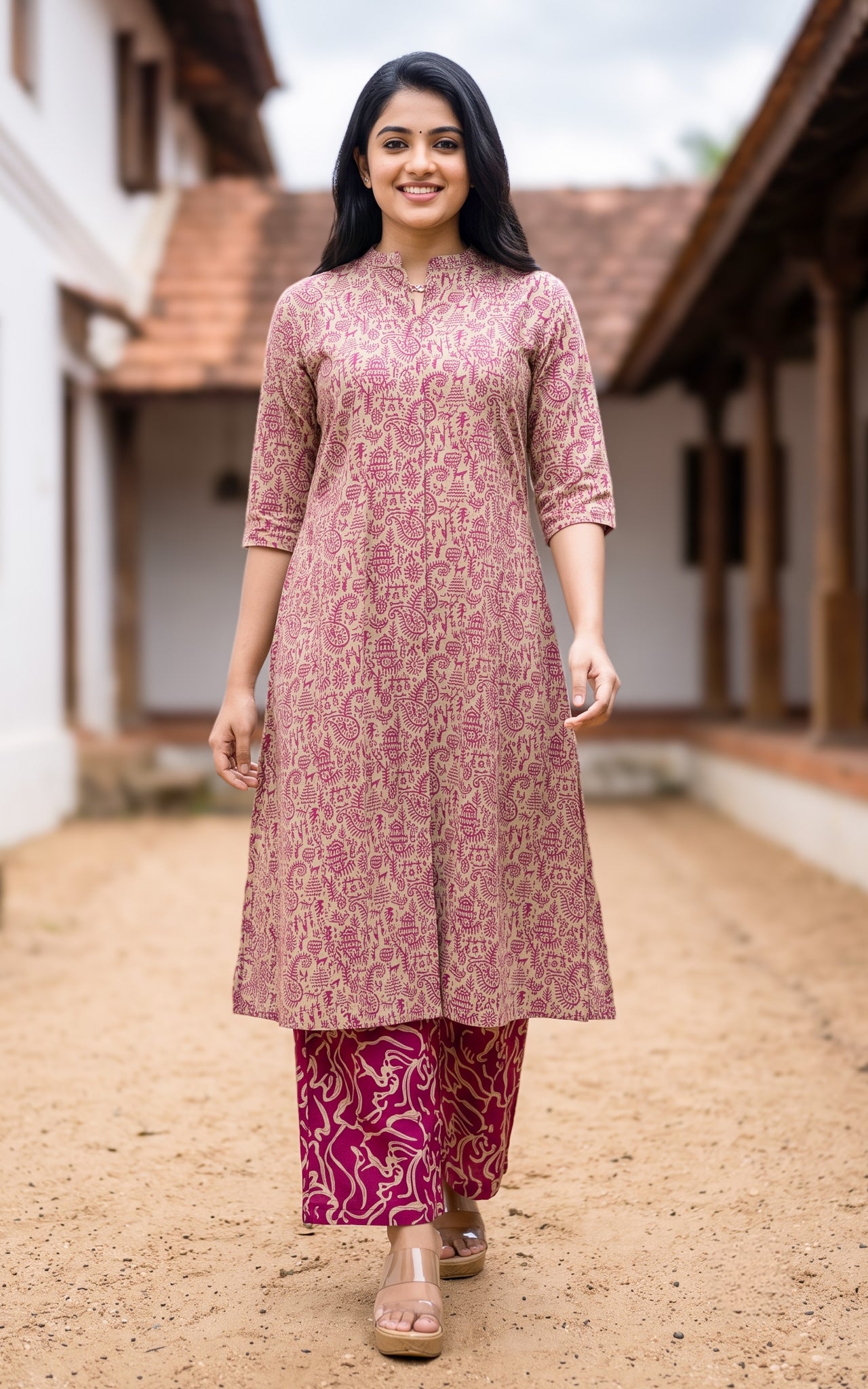 Burgundy and Beige Cotton Flex Daily Wear Kurti Set for Women