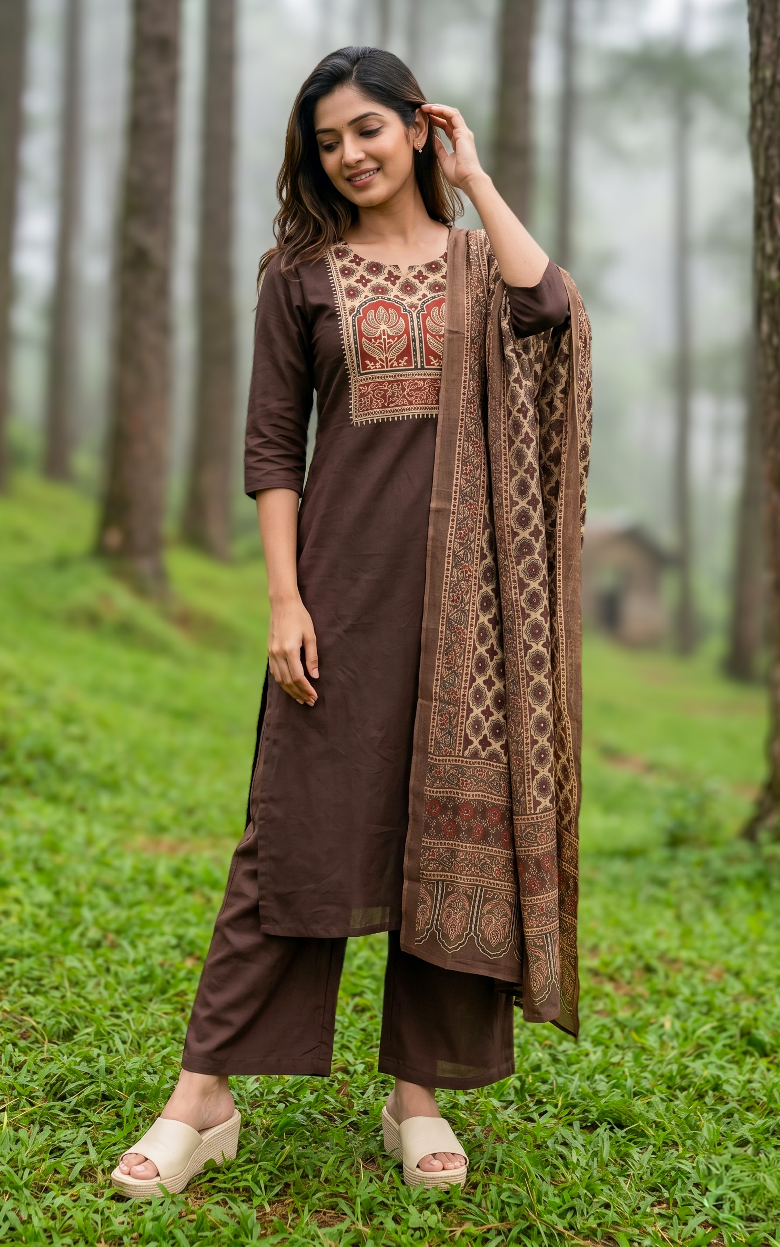 Brown cotton kurti set with palazzo for women