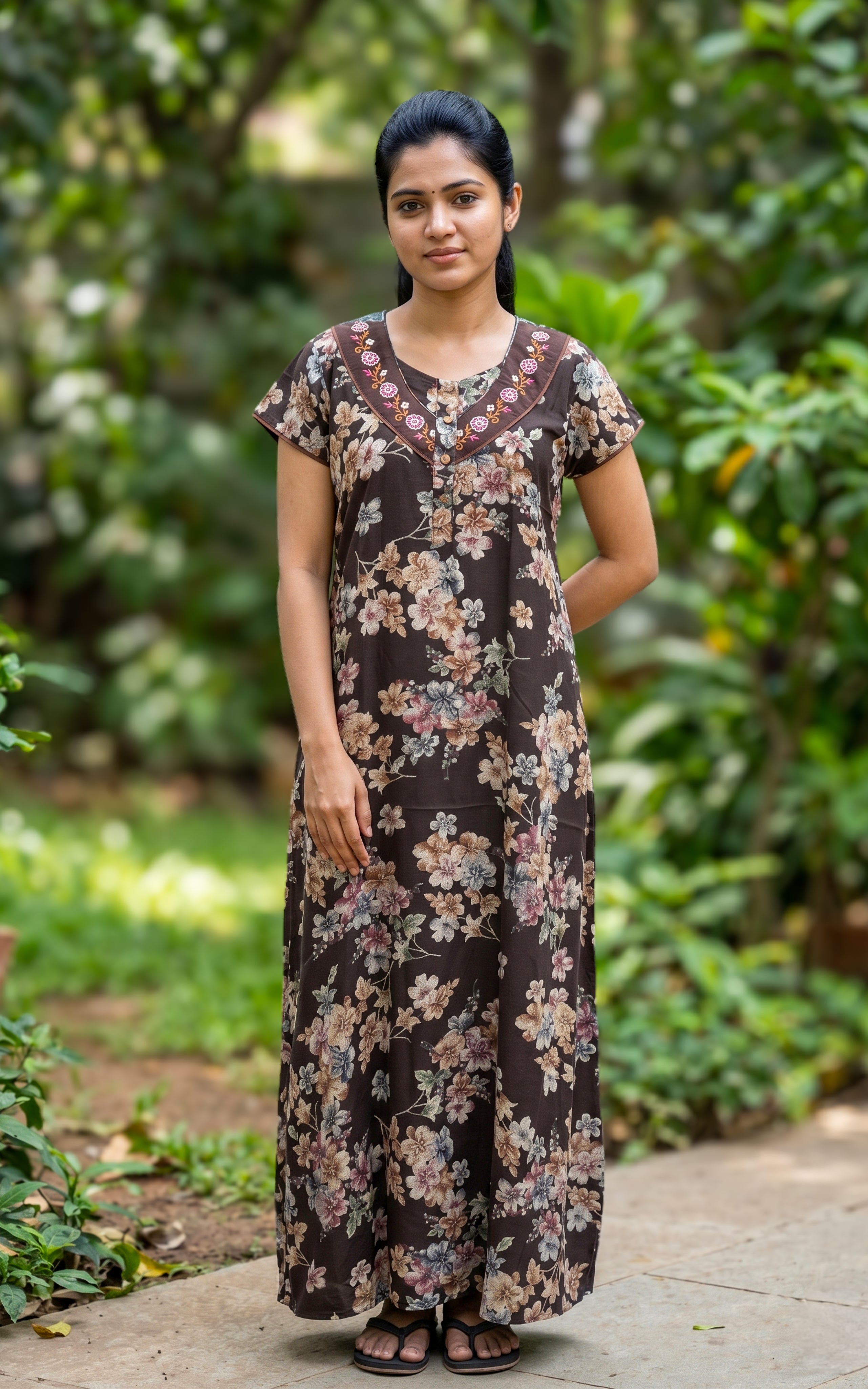 Instore - Black Floral Print Cotton Long Nighty with Side Pocket, Relaxed Fit, Women's Sleepwear