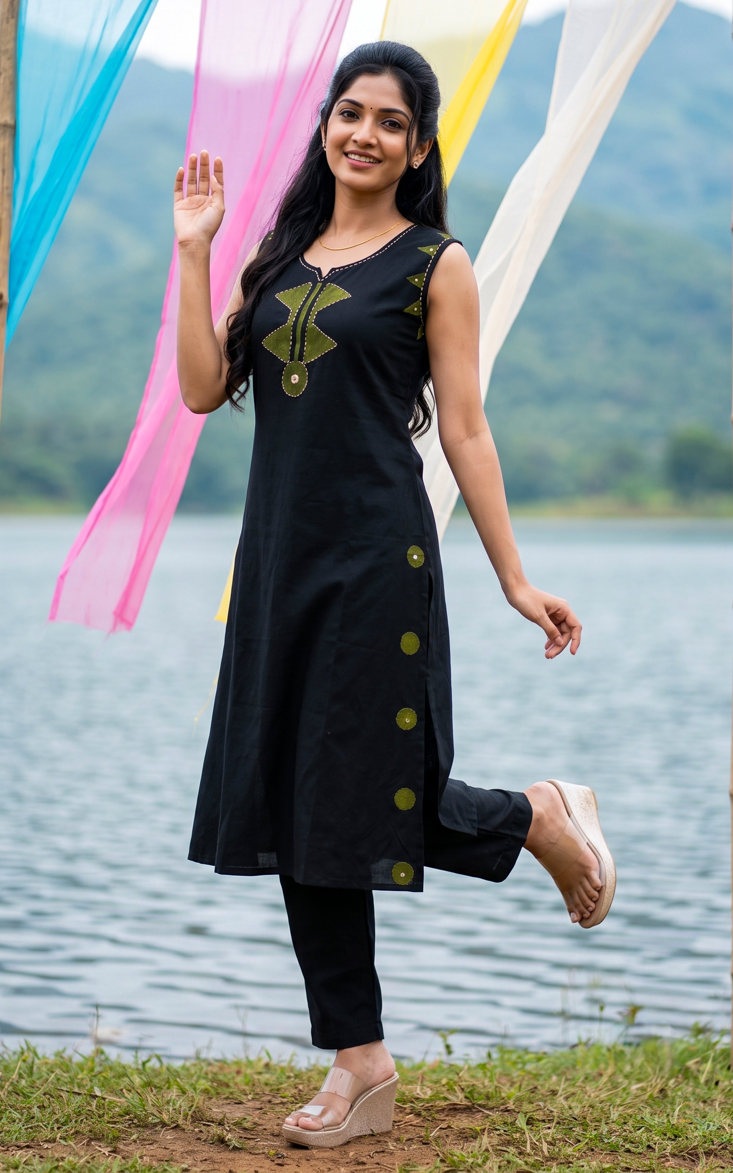 Instore – Black Kanisri Handblock Kurti Set for Women – Cotton – Handblock Printed – Ethnic Wear