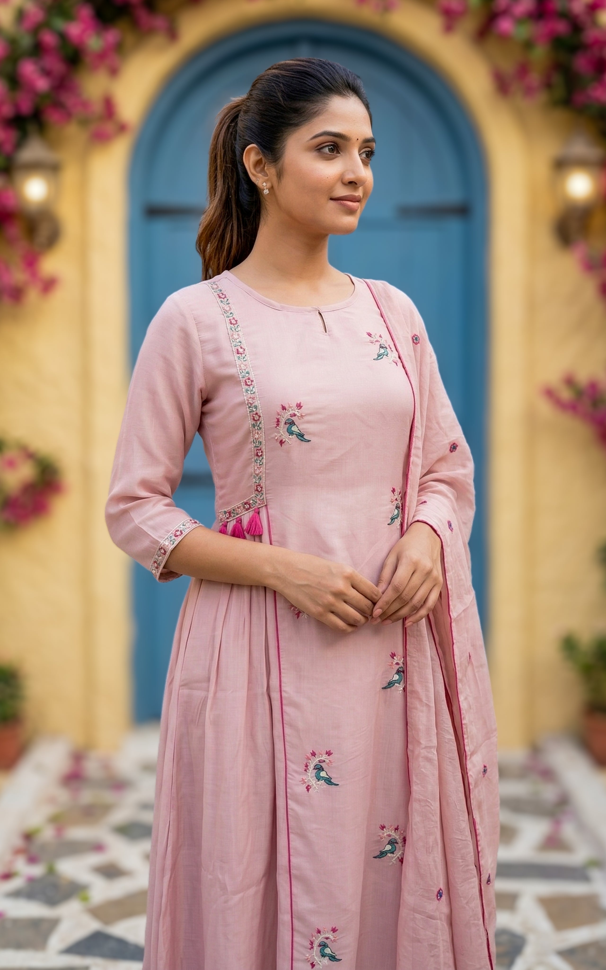 Kili Mozhi Onion Pink (Kurti+Dupatta)