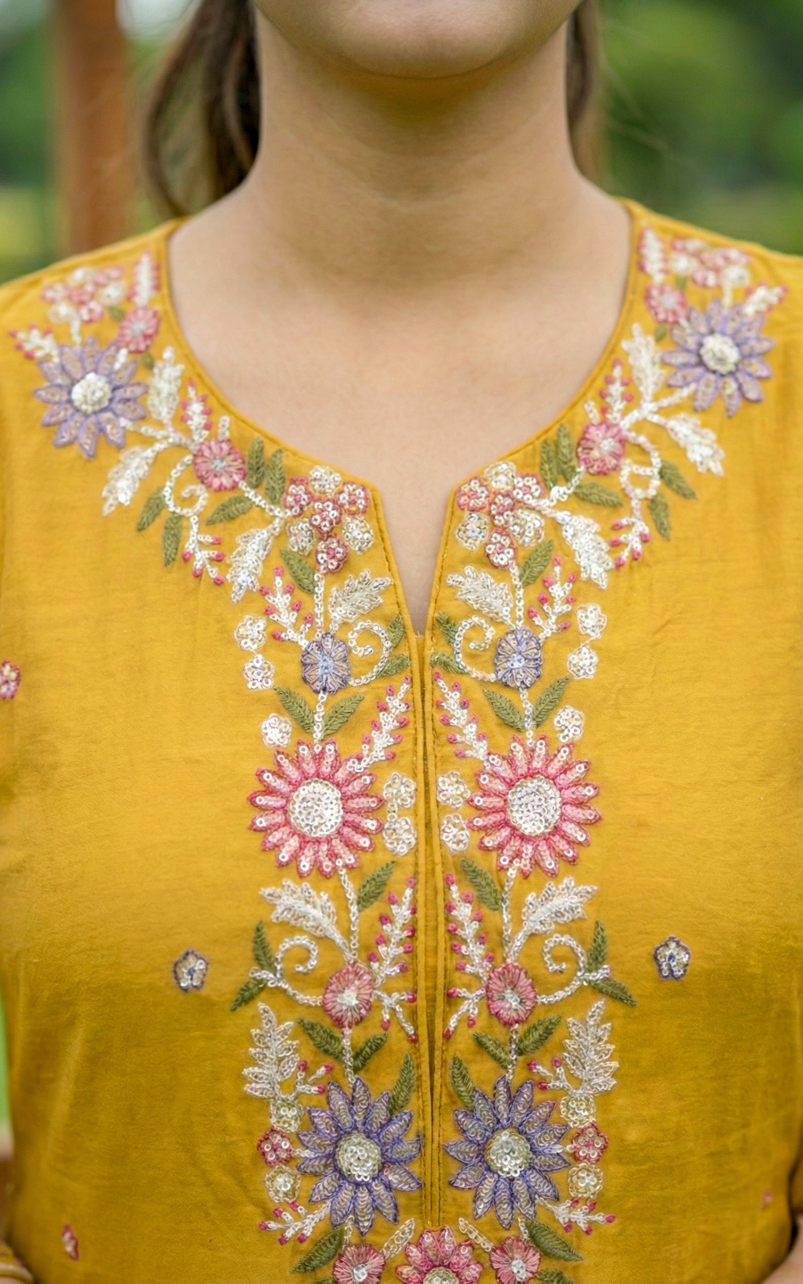 Instore - Mustard art silk straight cut kurti with floral embroidery & matching embroidered dupatta set