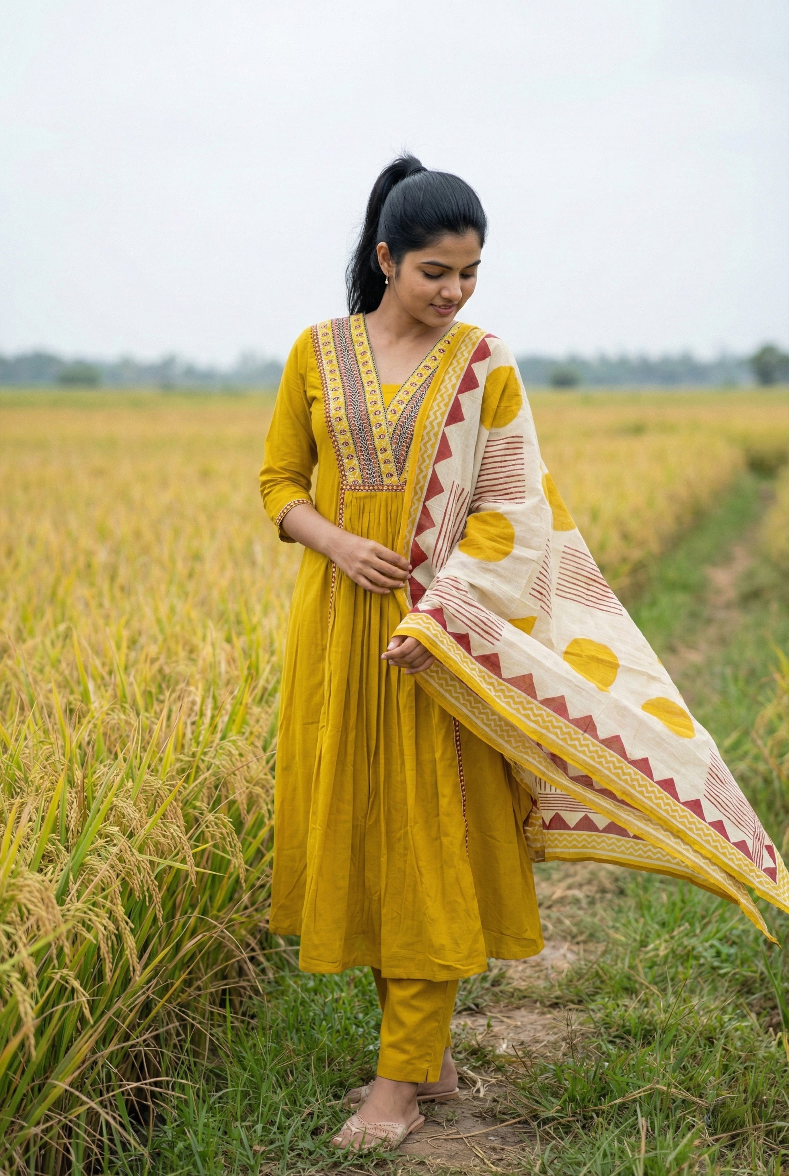 Instore - Mustard Cotton, V-Neck Embroidery Aline Kurti with Side Slit with Dupatta & Full Elastic Waistband Pant