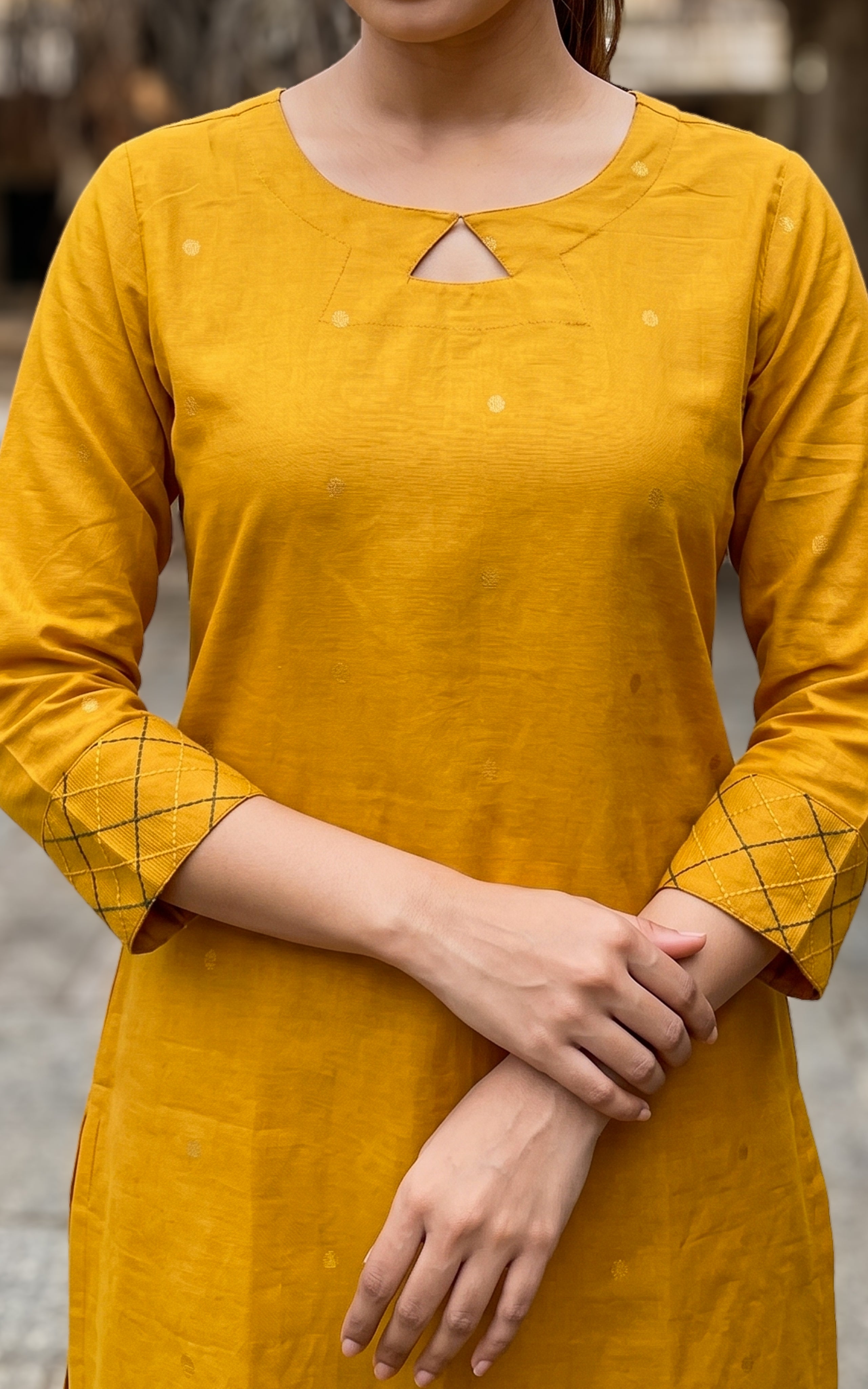 Instore – Mustard & Green Subiksha Straight Cut Kurti with Dupatta for Women – Cotton – Keyhole Neck – Festive Ethnic Wear