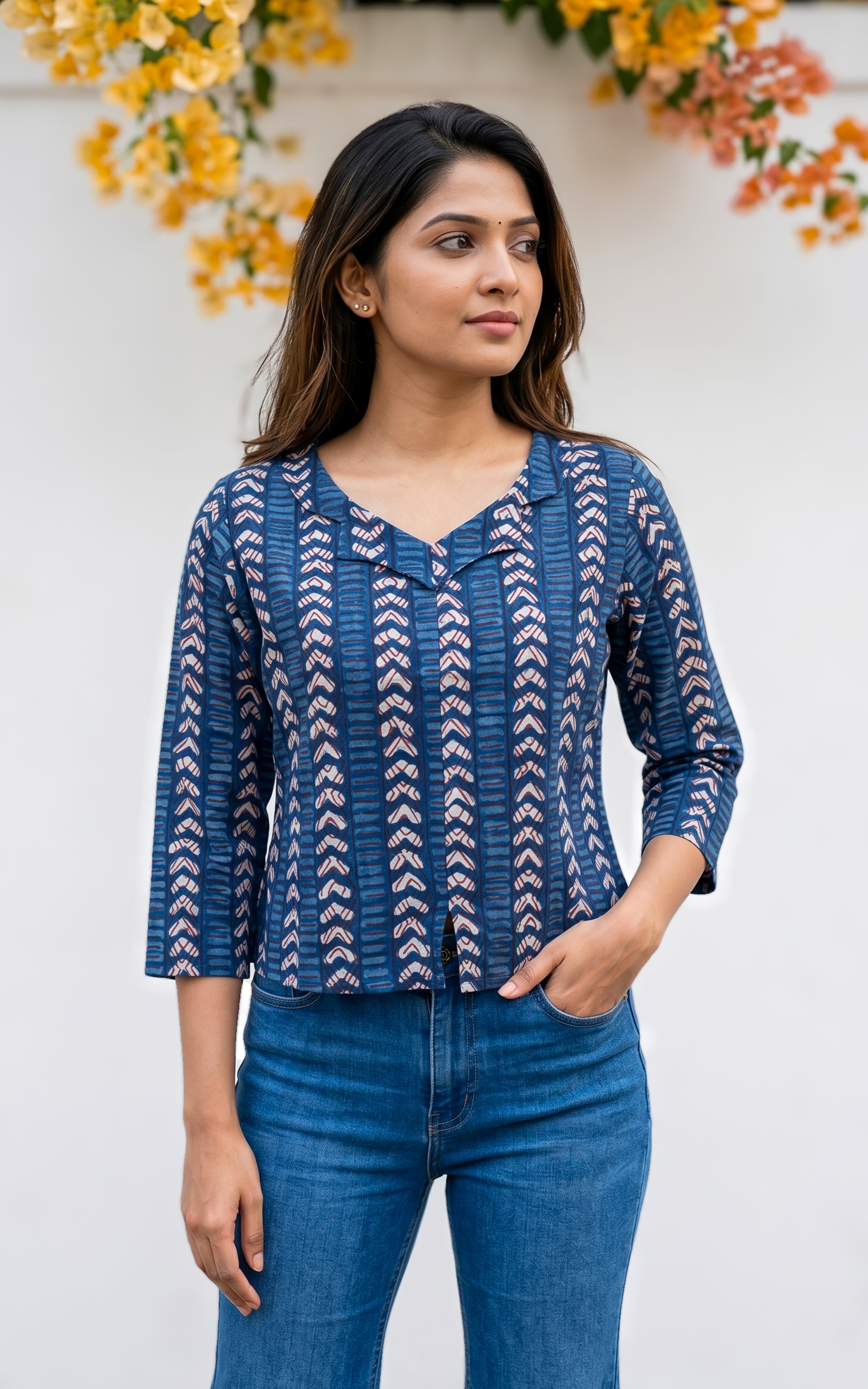 Instore - Indigo Dyed Cotton Printed Notched Collar Short Kurti, No Lining