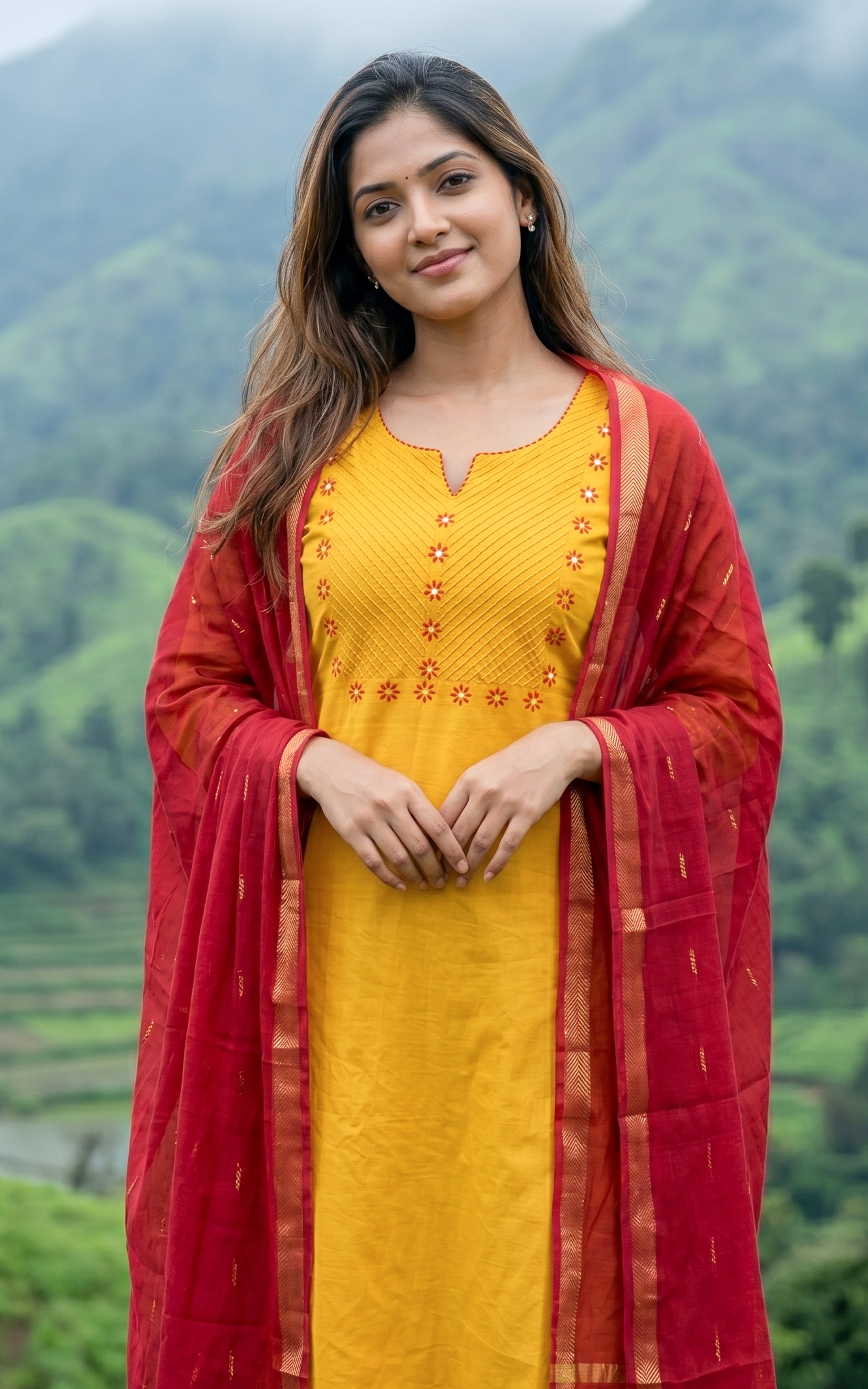  Instore – Mustard Cotton Straight Cut Kurti with Dupatta for Women – Side Slit – Ethnic Wear