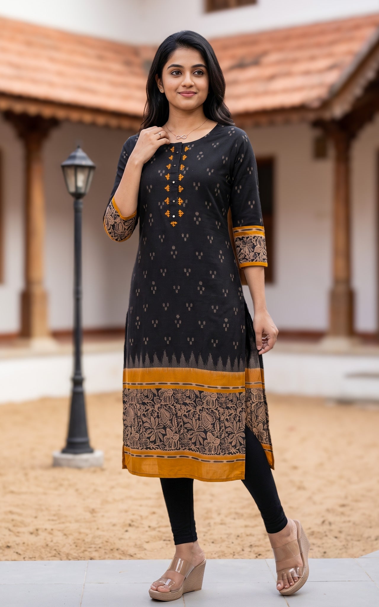 Black and Mustard Cotton Straight Cut Kurti for Women