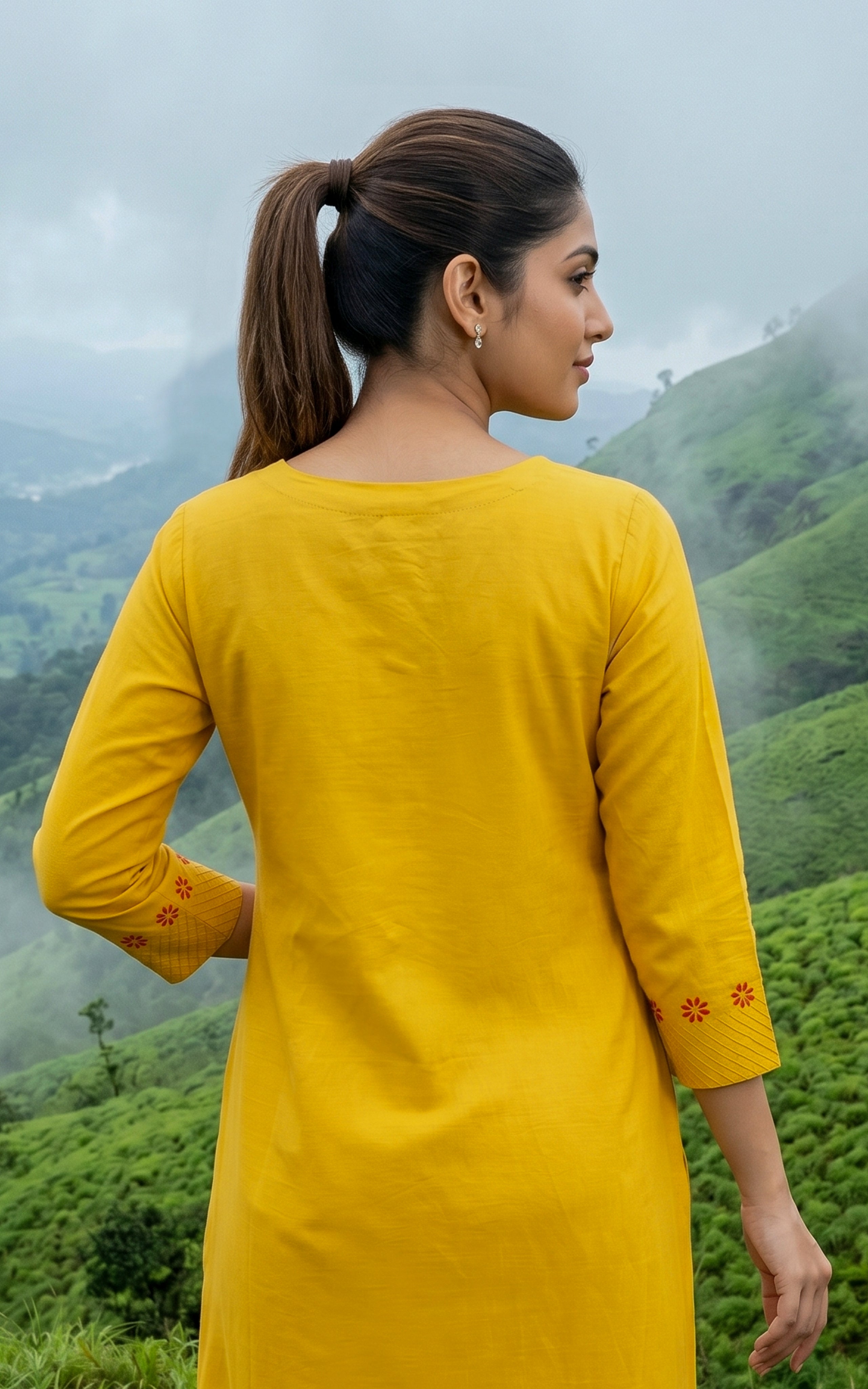  Instore – Mustard Cotton Straight Cut Kurti with Dupatta for Women – Side Slit – Ethnic Wear