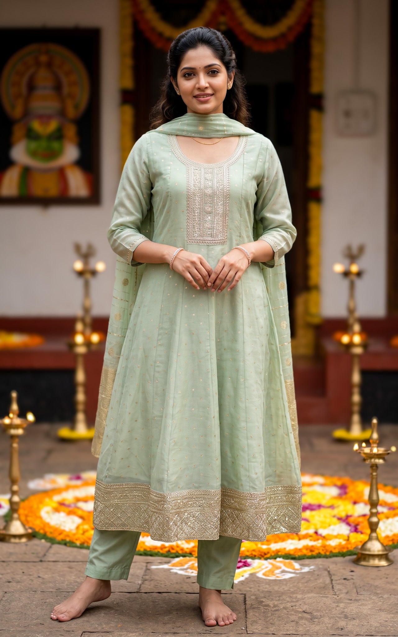 Green Chanderi Kerala Onam Special Kurti Set for Women