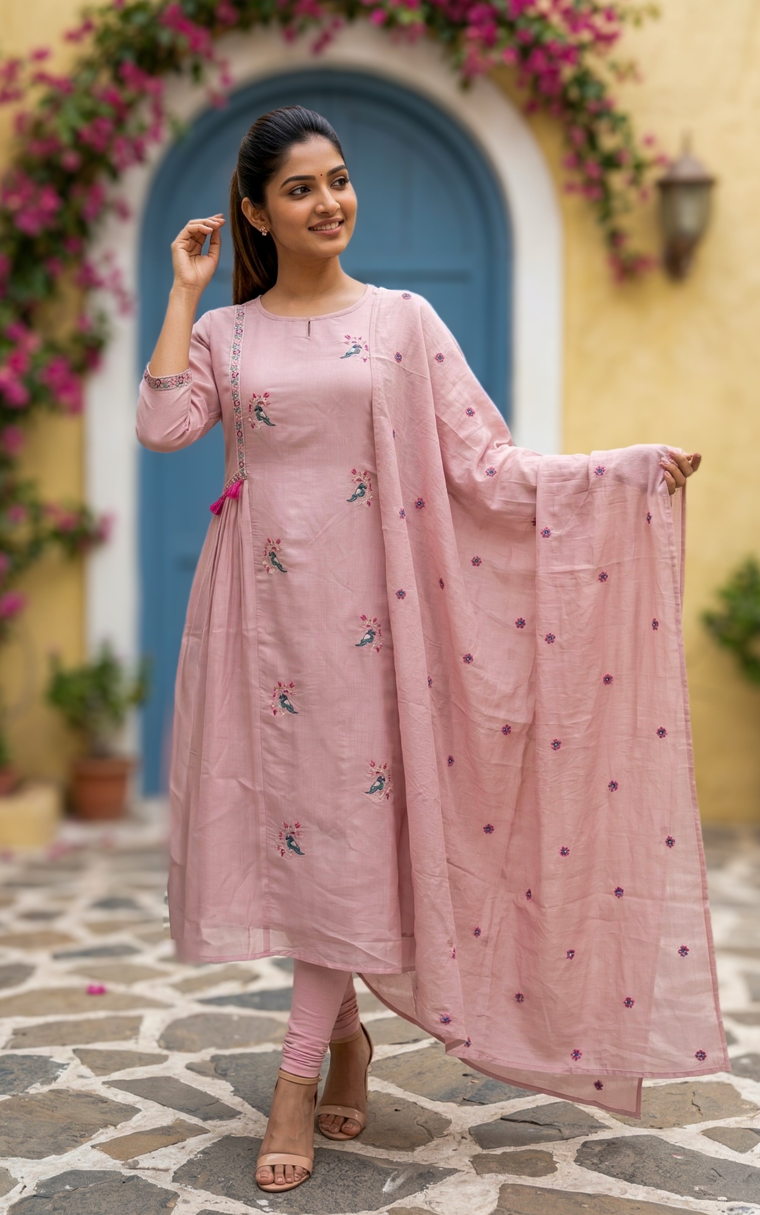 Kili Mozhi Onion Pink (Kurti+Dupatta)