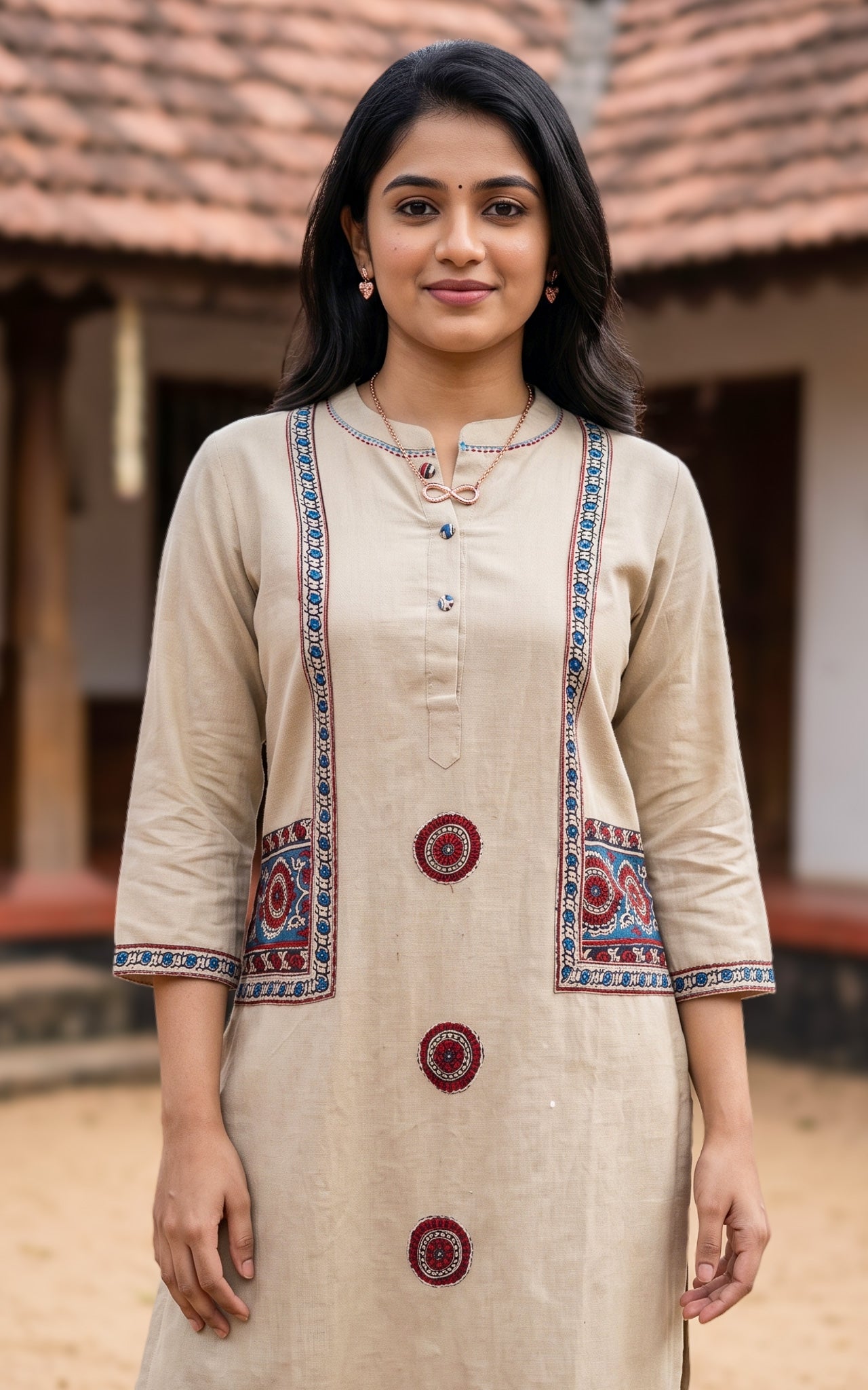 Beige Cotton Kurti with Front Pockets for Women