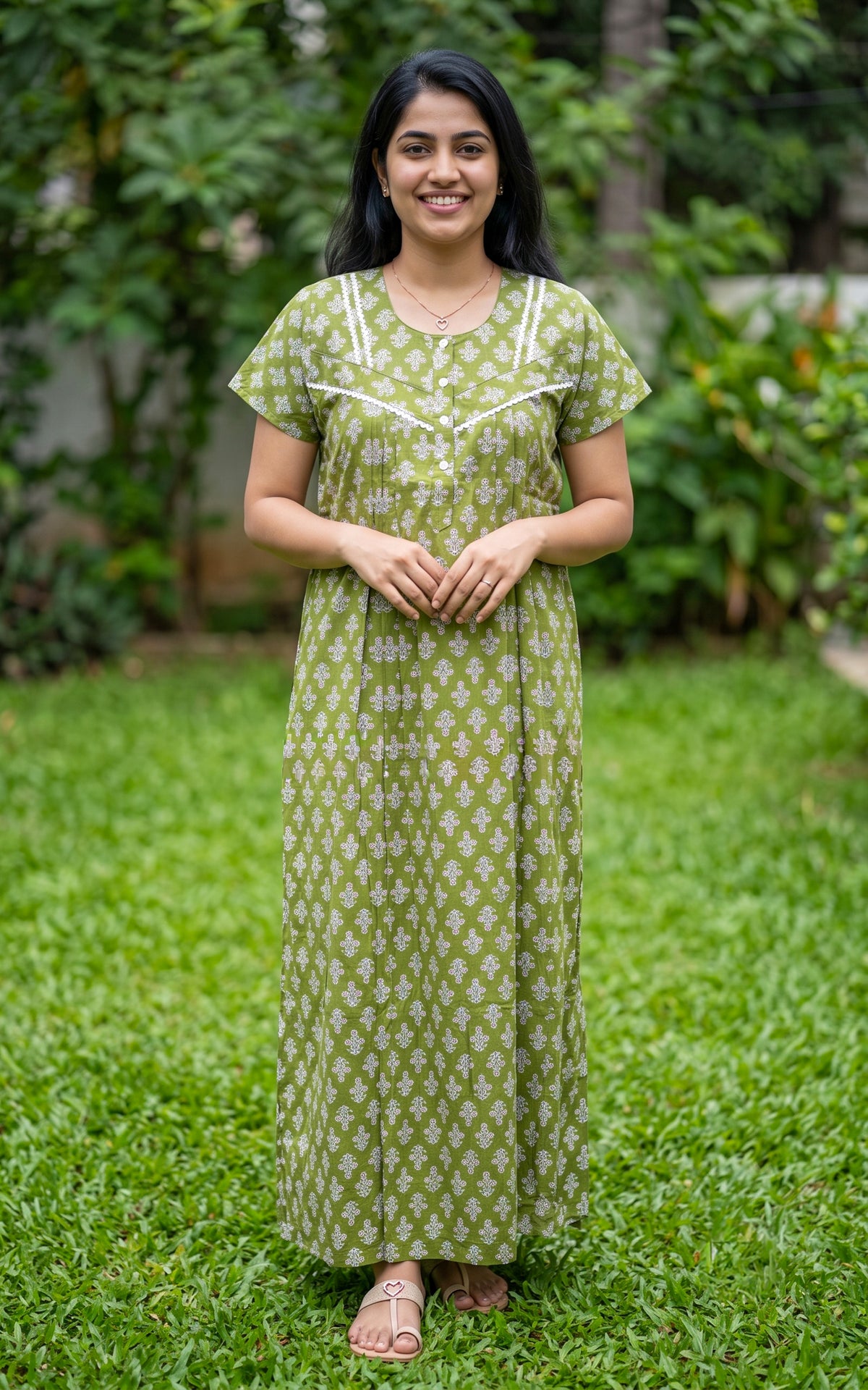 Instore – Green Cotton Straight Fit Nighty for Women – Cotton – Printed – Ethnic Wear