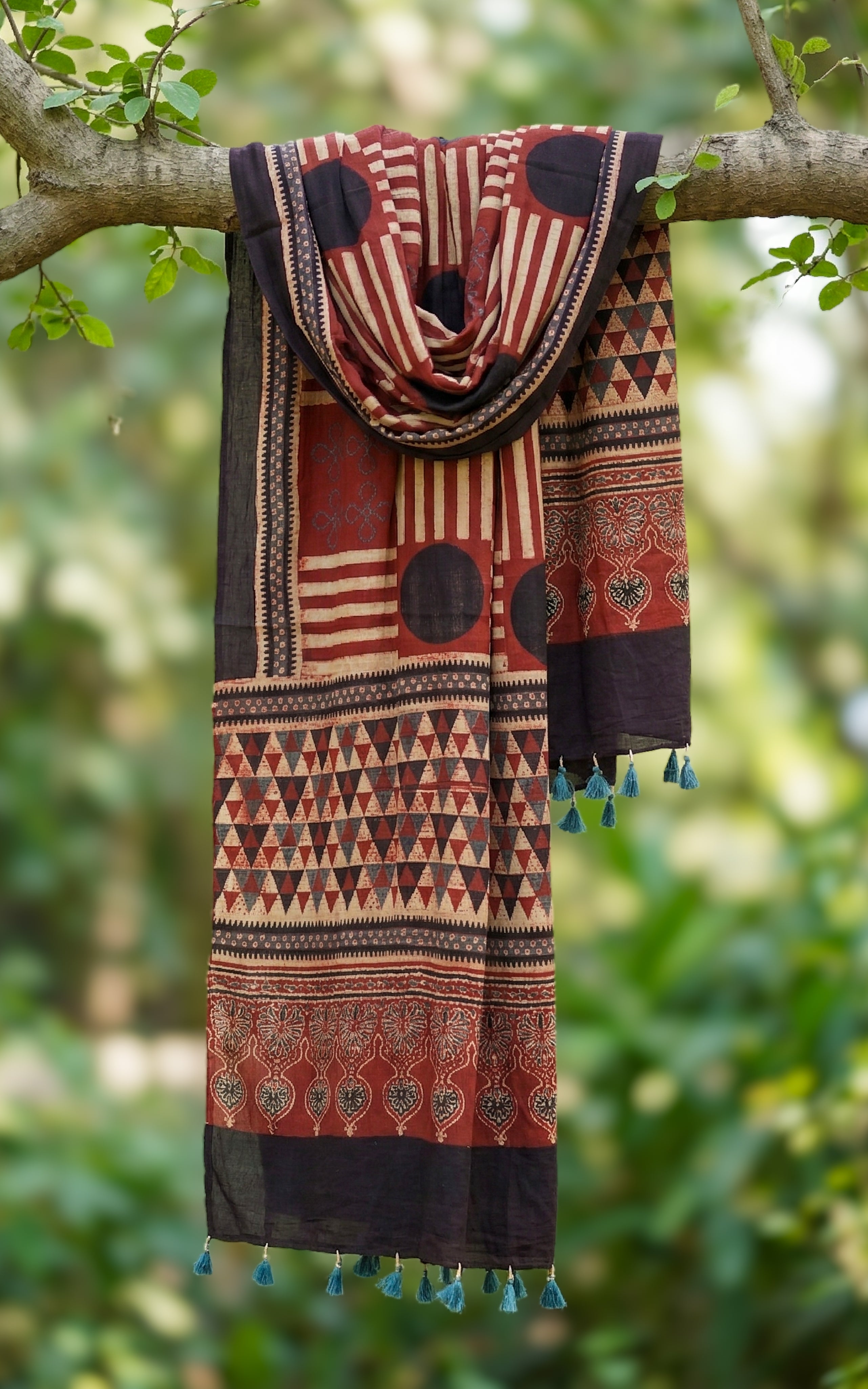 Instore – Earthy Tones Handblock Printed Dupatta for Women – Cotton – Tassels – Ethnic Wear
