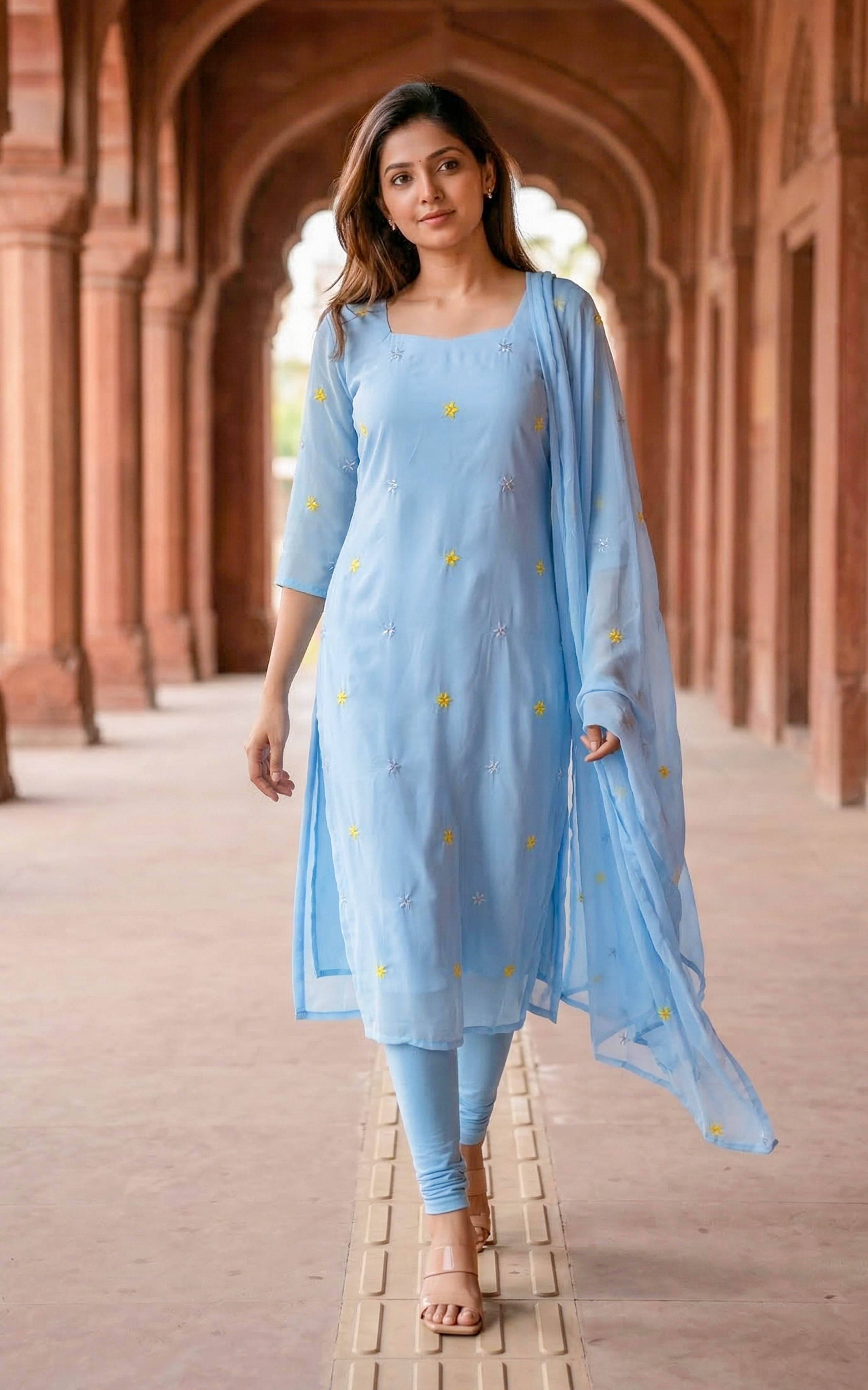 stylish kurti with dupatta for girls
simple embroidered kurti
trendy straight cut kurti
daily wear georgette kurti