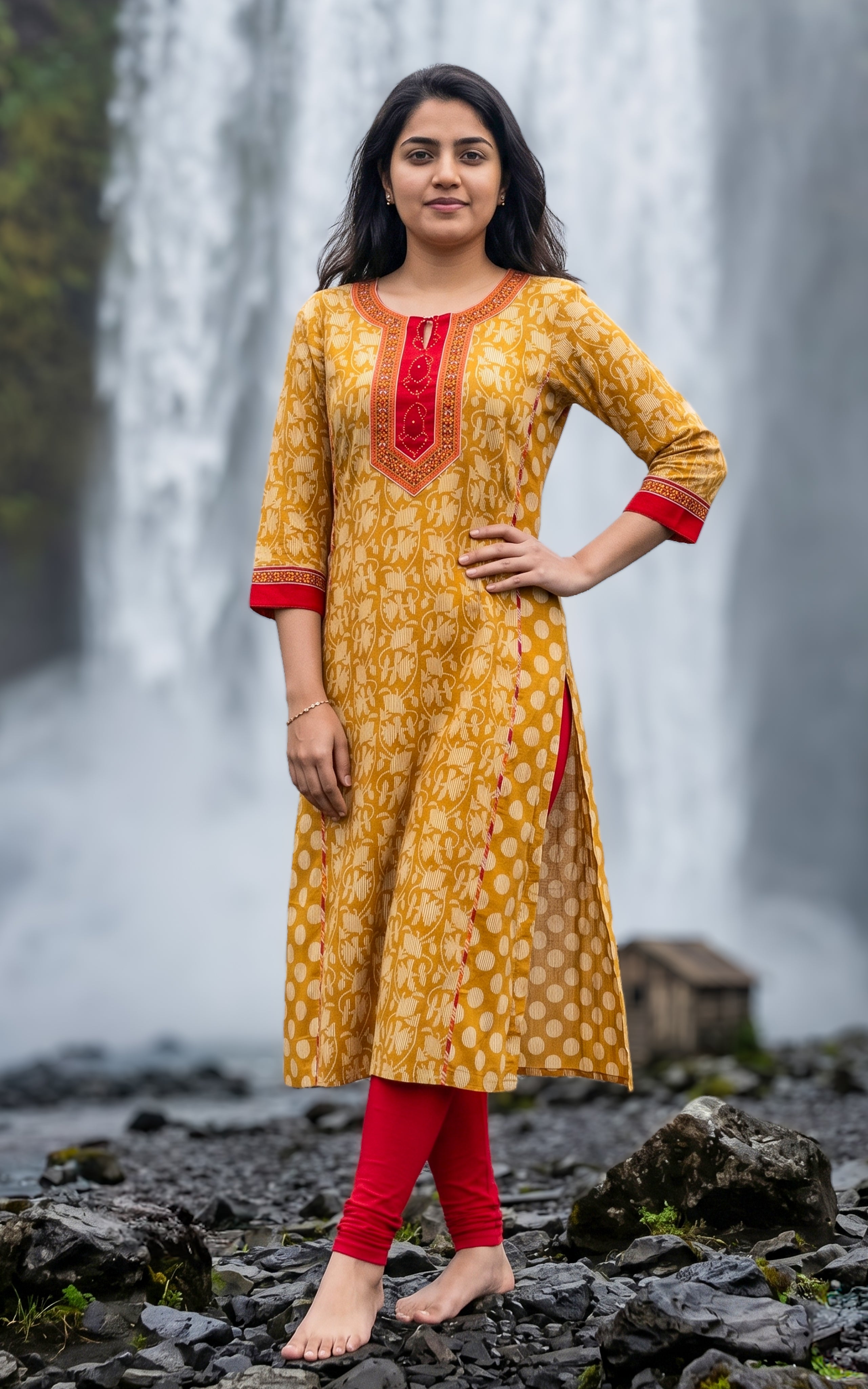 Mustard ethnic cotton kurti for women