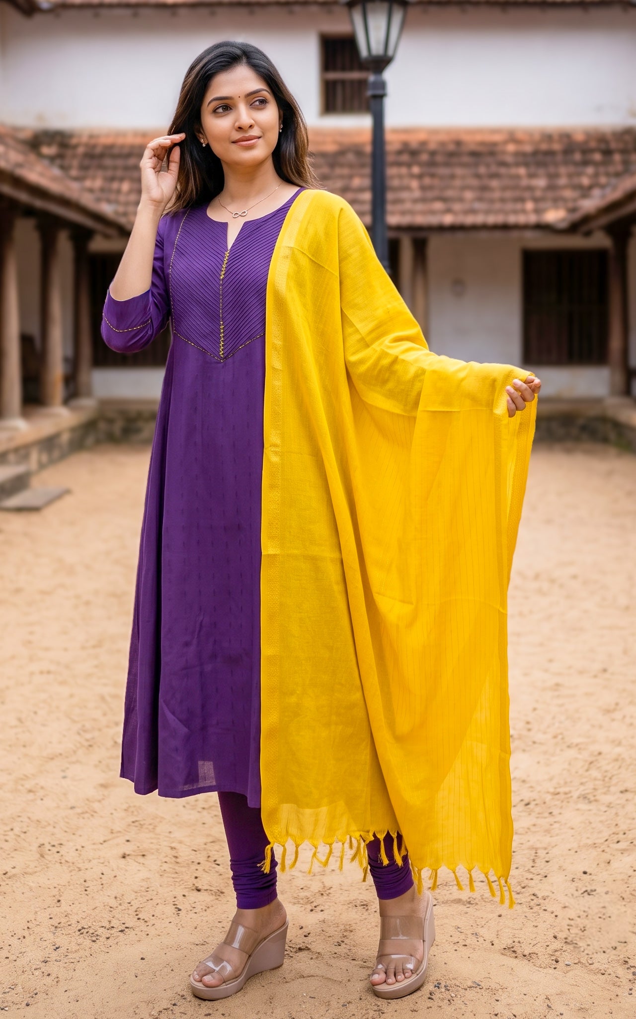 Violet and Mustard Yellow Art Silk Kurti Dupatta for Women