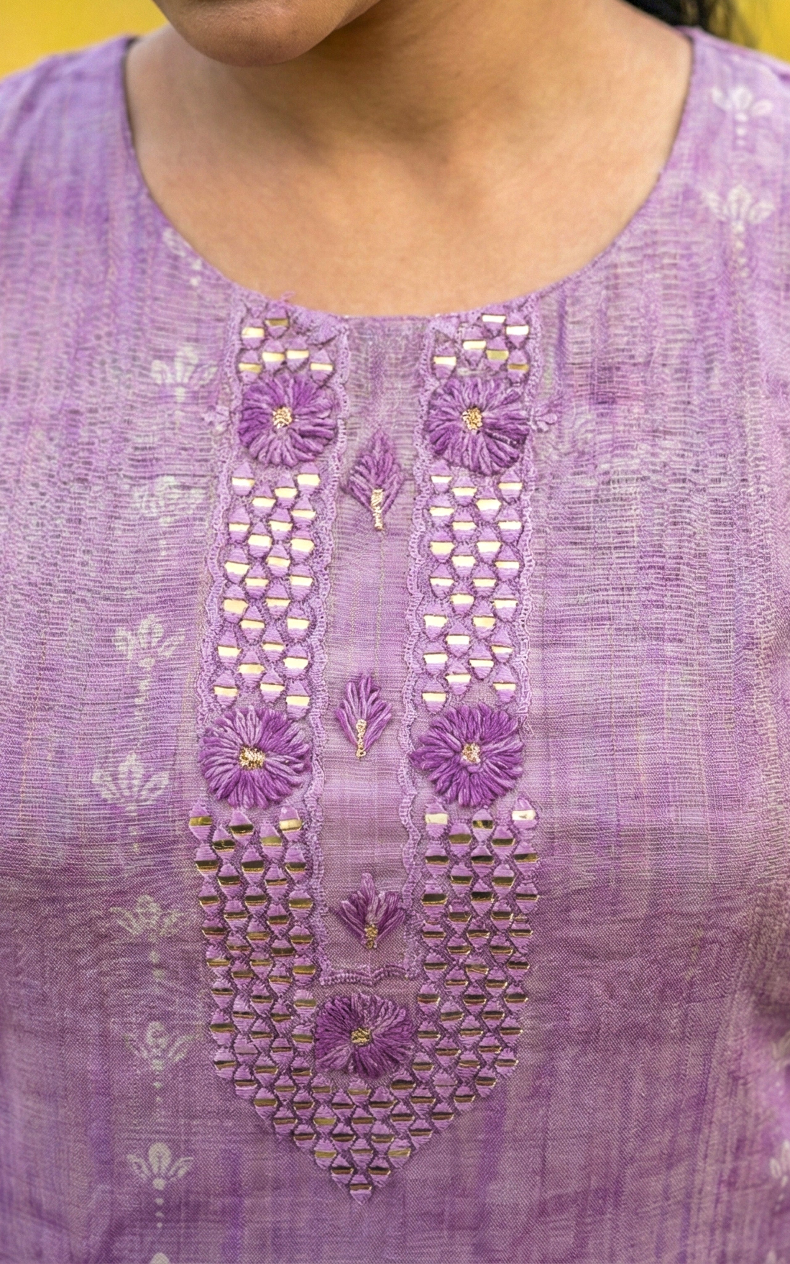 Instore - Soft Lavendar Art Silk Straight Cut Kurti with Embroidery & Pant with One Side Pocket & Art Silk Dupatta