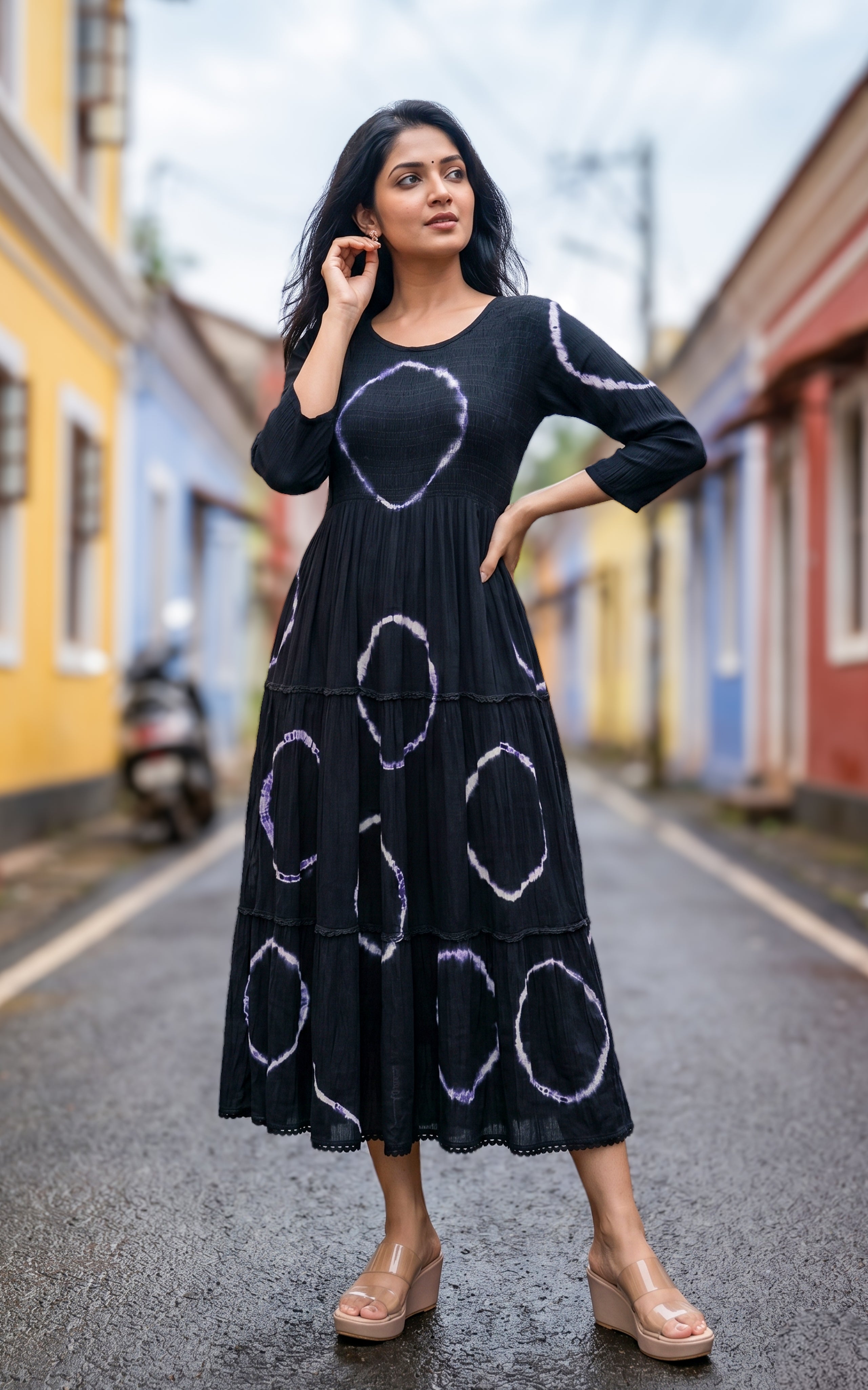 Instore - Black Color Viscose Smocked Indo Western Maxi, No Lining