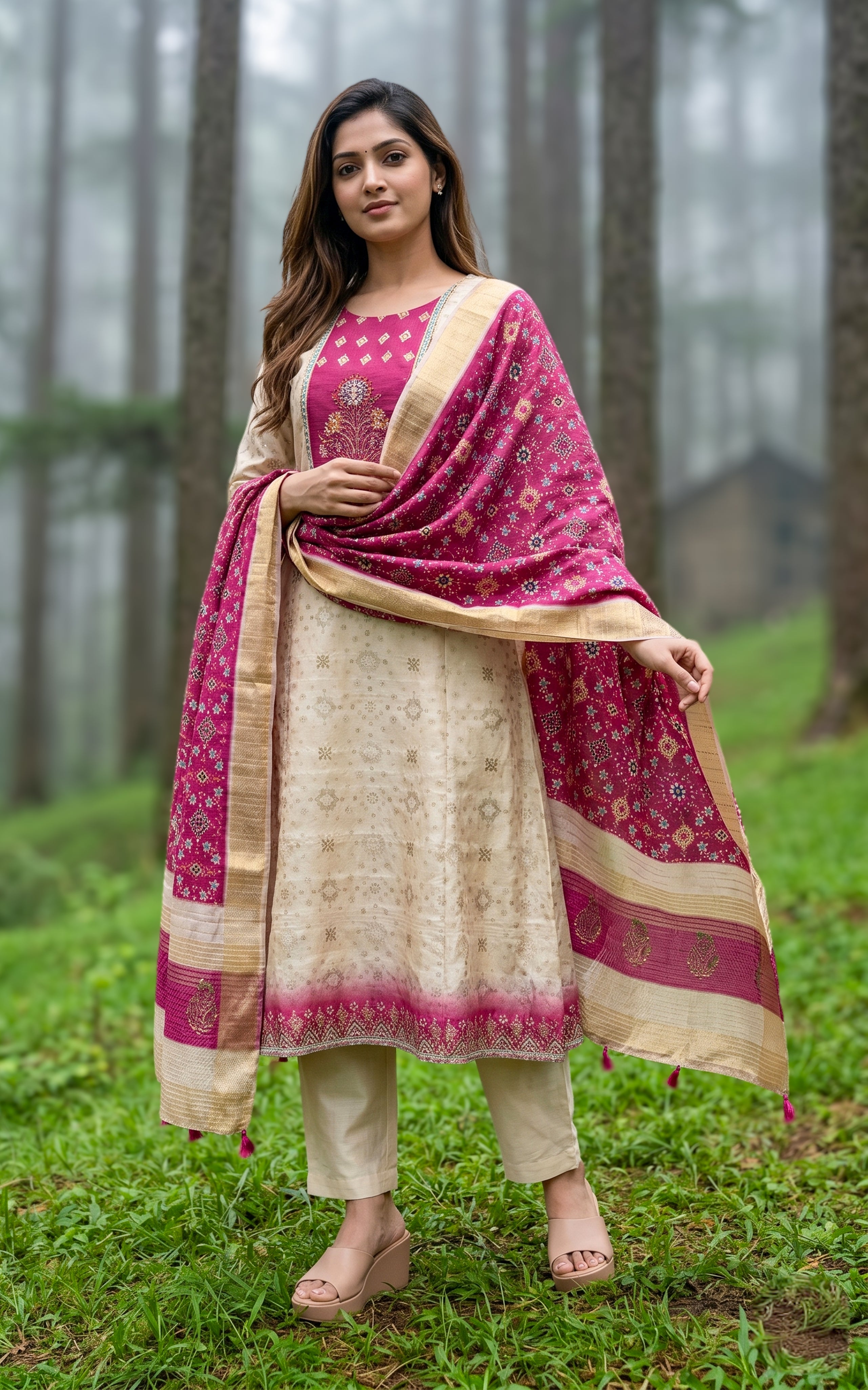 Instore – Beige Madhumeena Kurti Pant Dupatta Set for Women – Art Silk – Festive Ethnic Wear