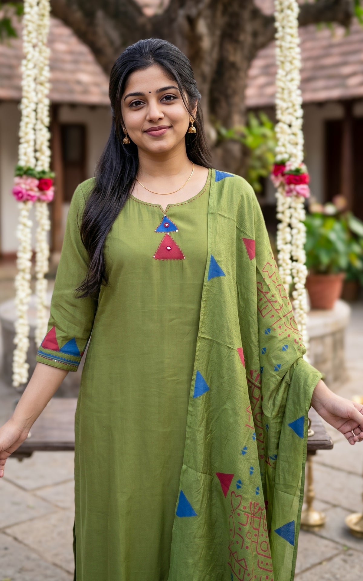 Diwali Casuals Handblock Mehandi Green (Kurti+Pant+Dupatta)