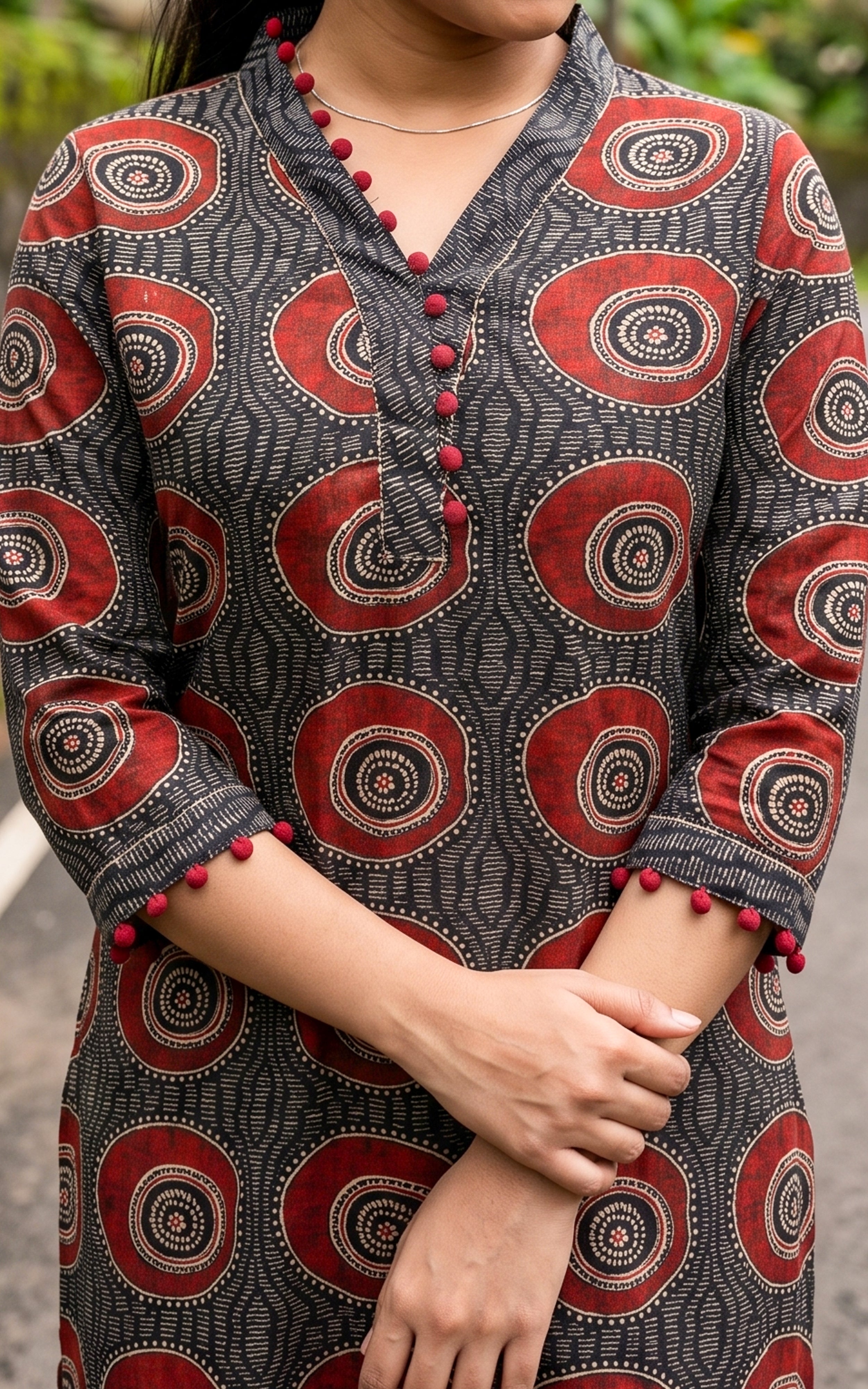 Black Cotton Semi Aline Kurti Set Featuring Potli Button Detailing for Women