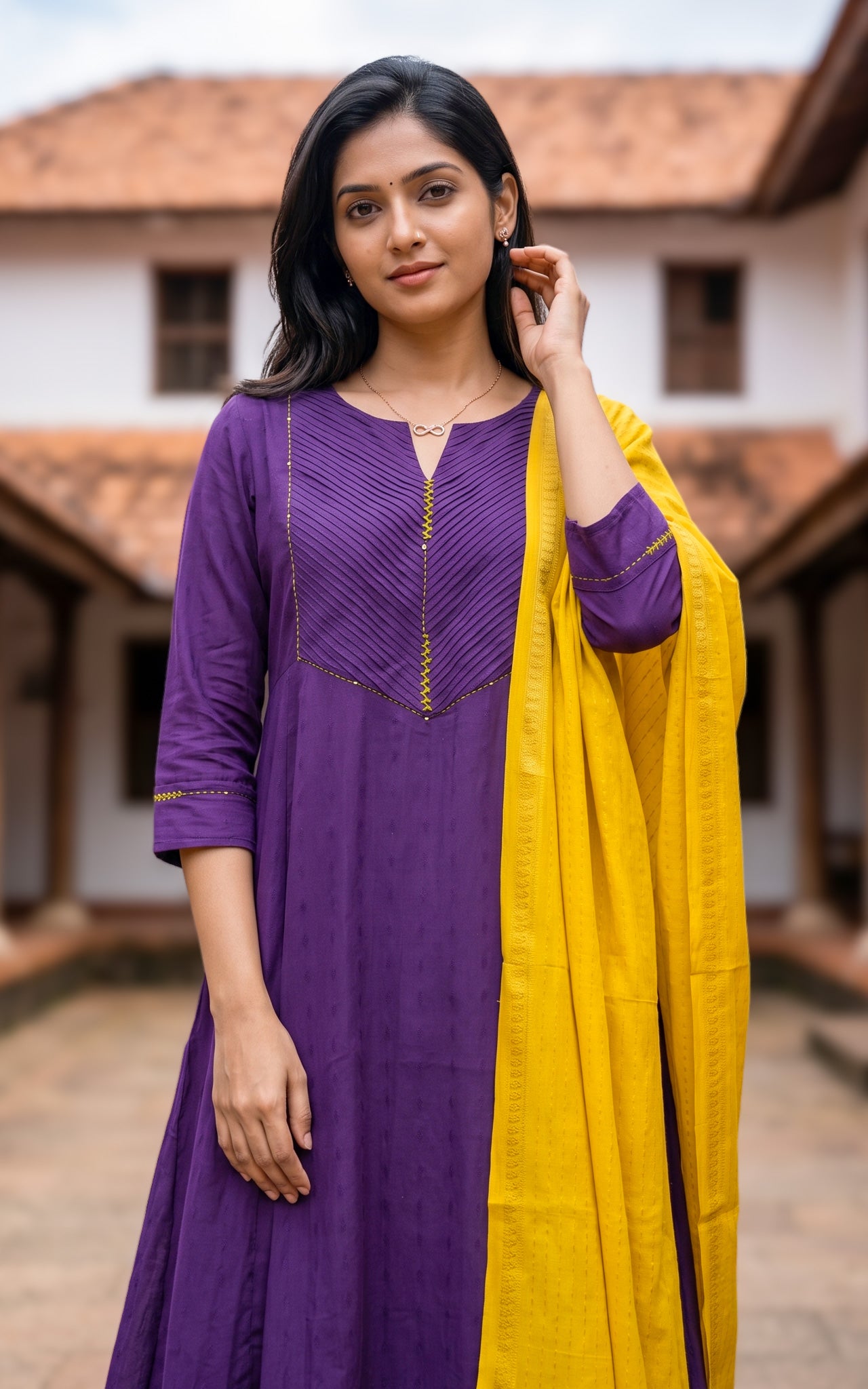 Violet and Mustard Yellow Art Silk Anarkali Kurti Dupatta for Women