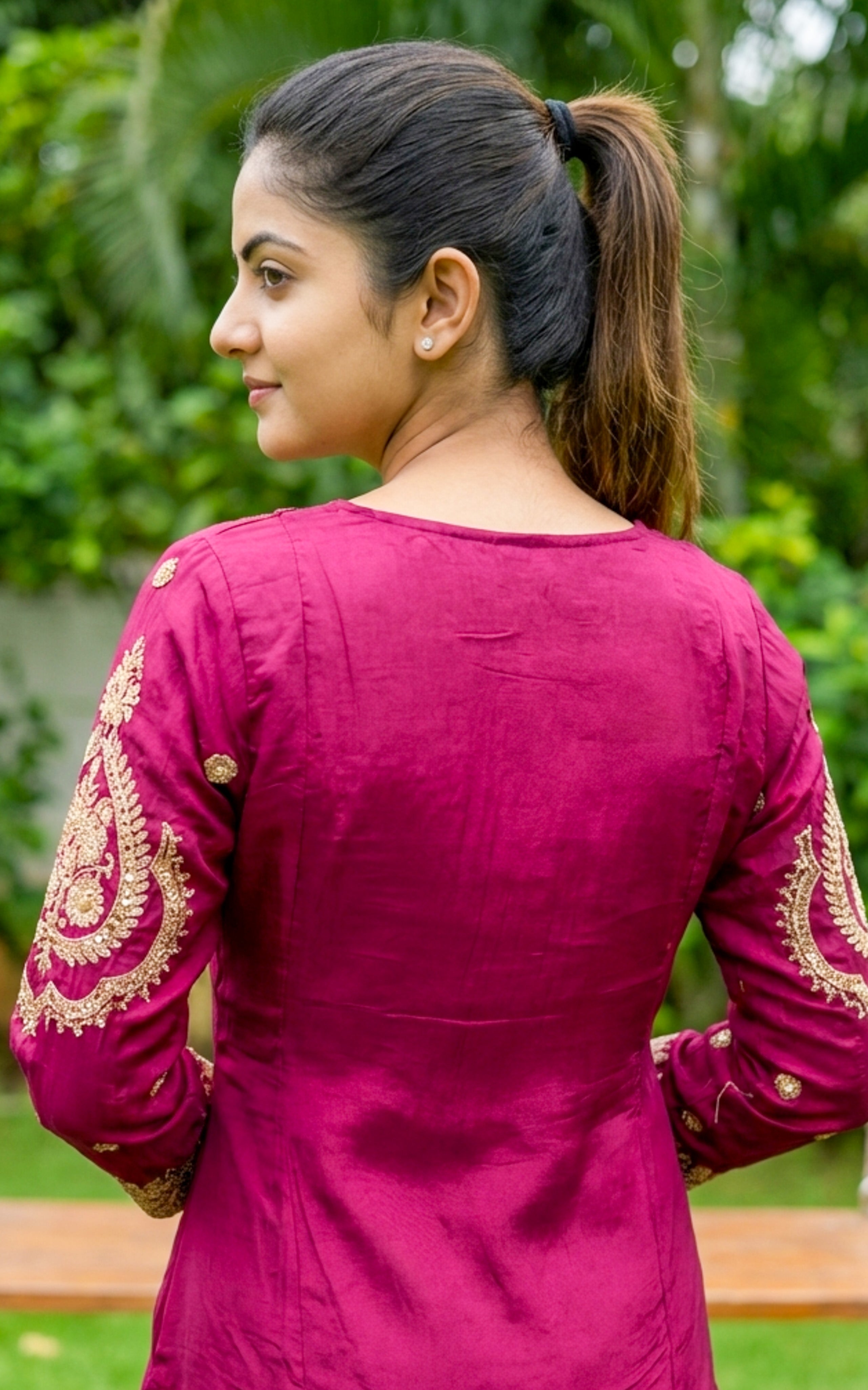 Instore - Wine Art Silk V Neck Sequence Embroidery Aline Kurti with Side Slit & One Side Pocket with Art Silk Dupatta