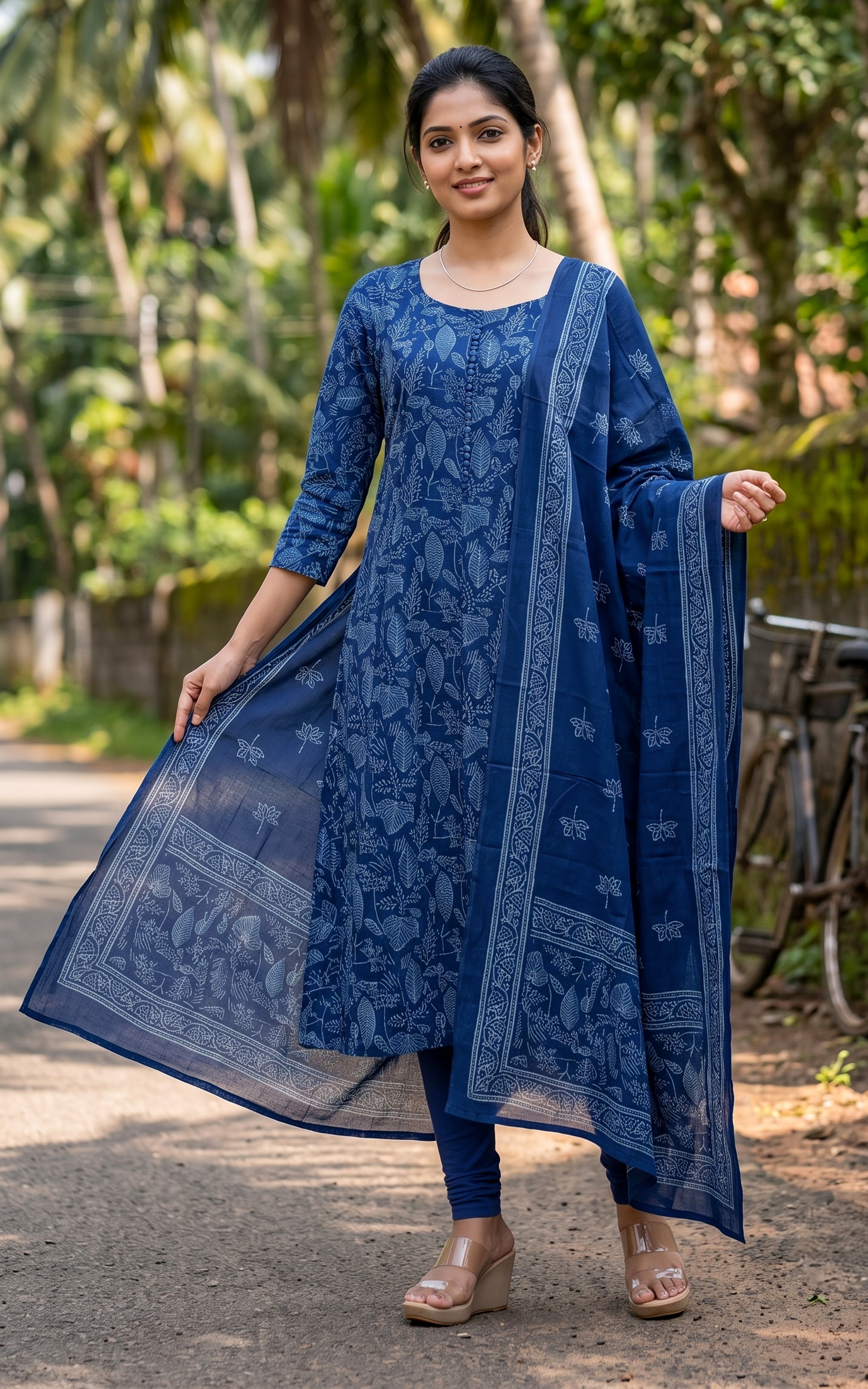 Indigo Blue Cotton Kurti with Dupatta for Women