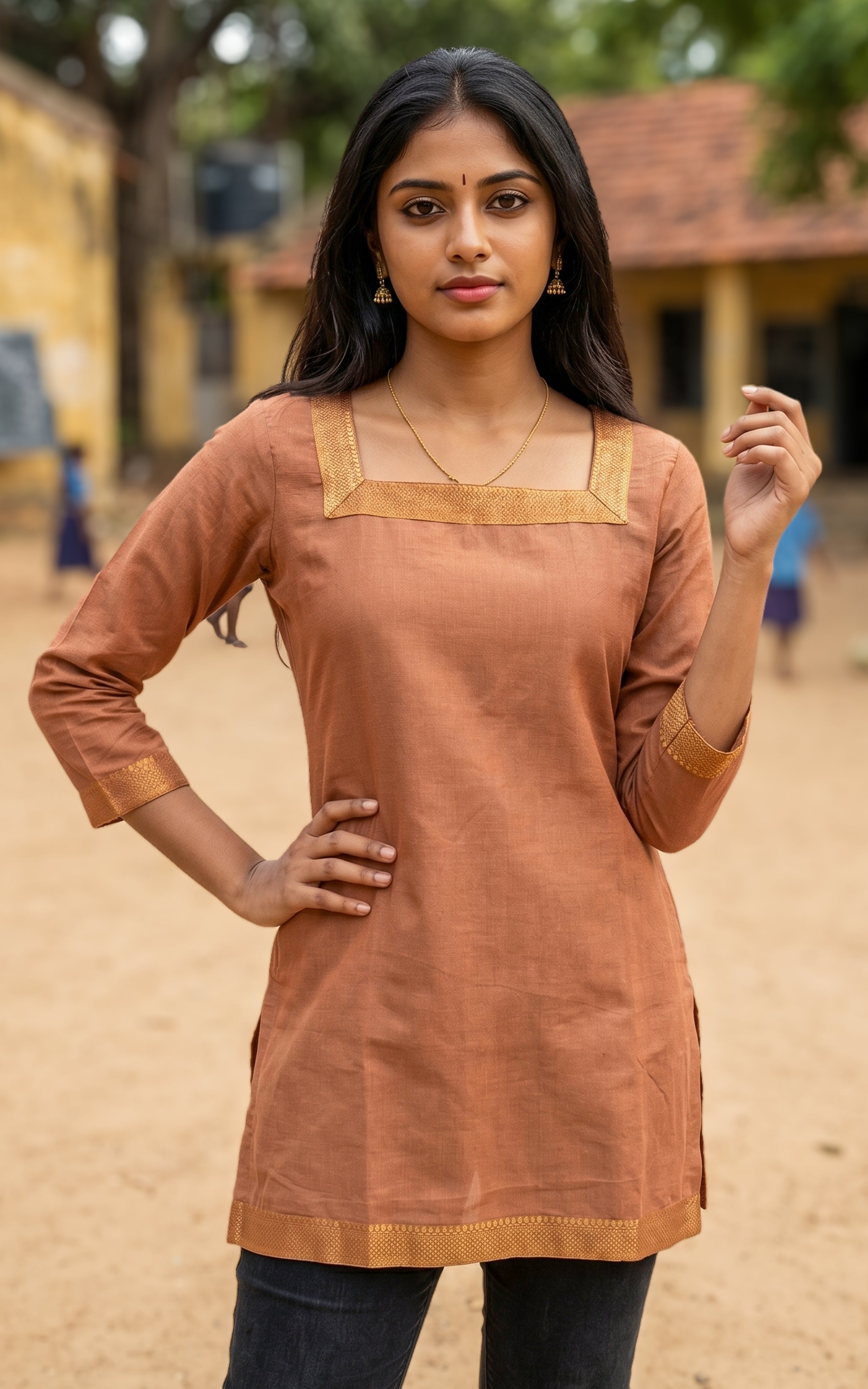 Rust cotton short kurti for women