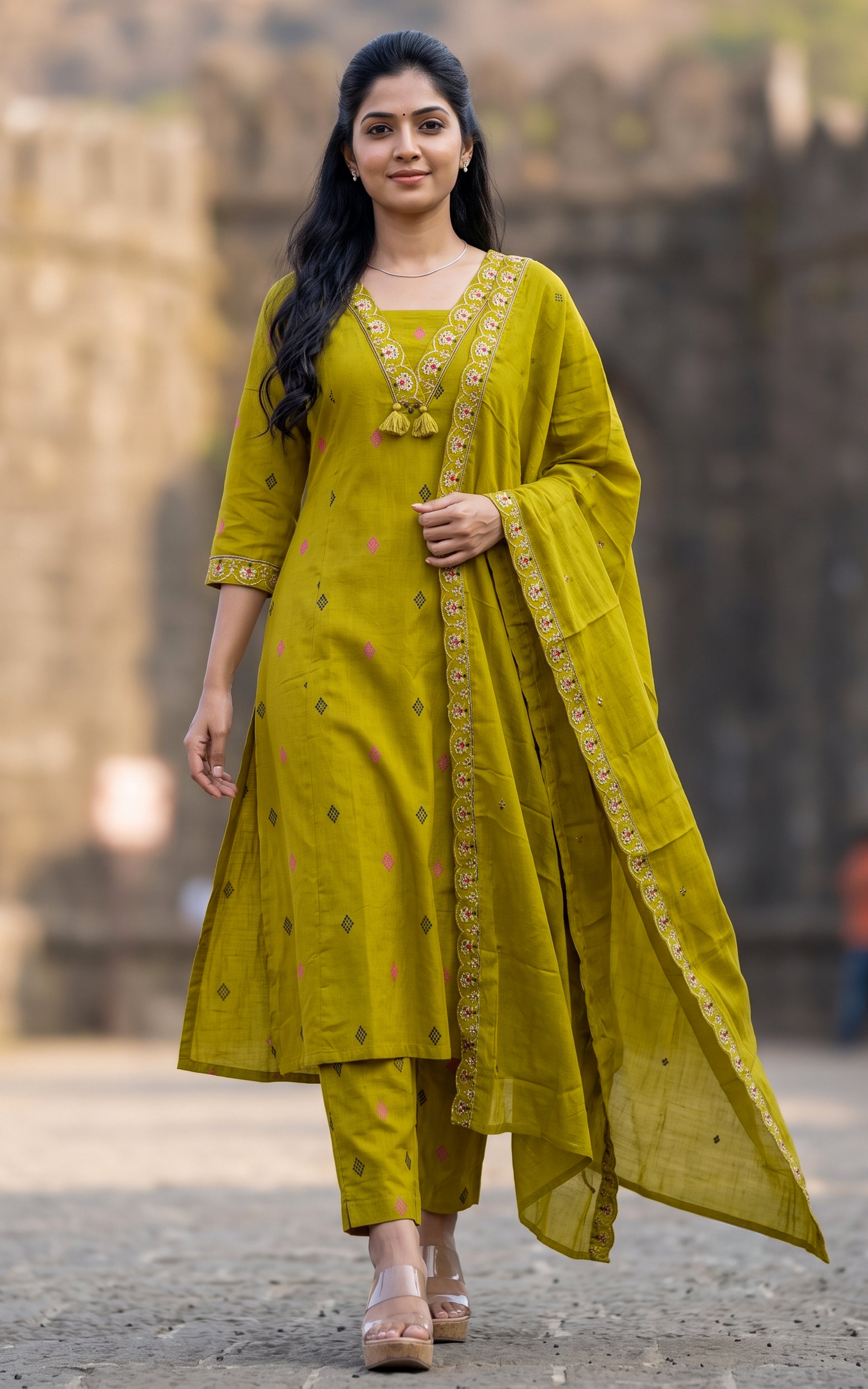 Mehandi Green Cotton Kurti Set for Women