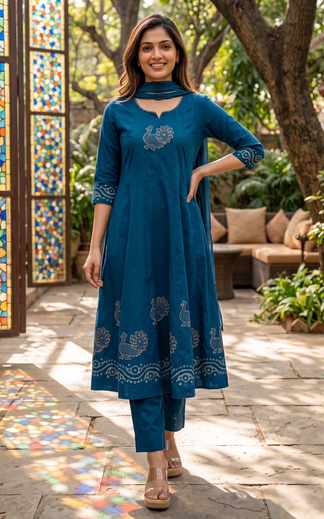 Peacock Blue Cotton Handblock Kurti Set for Women