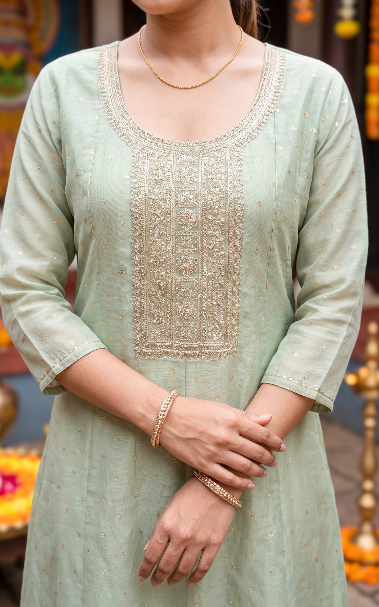 Green Chanderi Ethnic Wear Kurti Set for Women