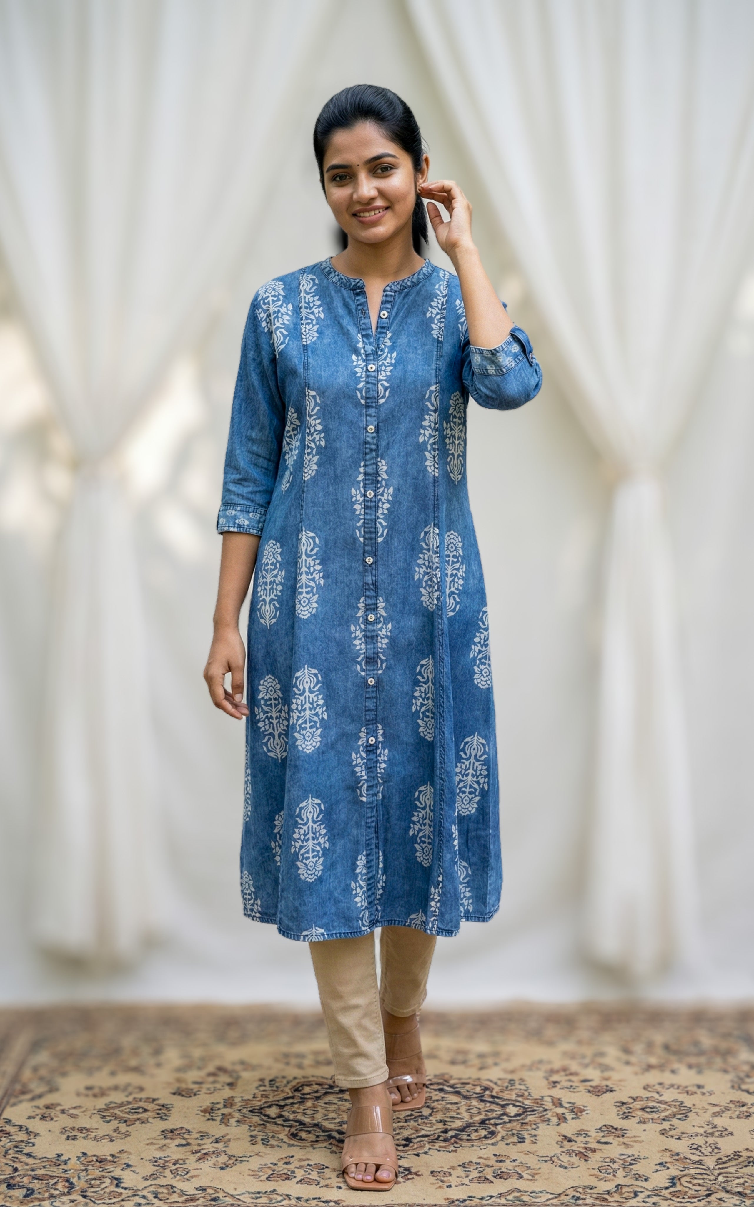 denim office wear kurti
elegant aline denim kurti with embroidery
formal denim kurti for office
simple denim kurti with pocket